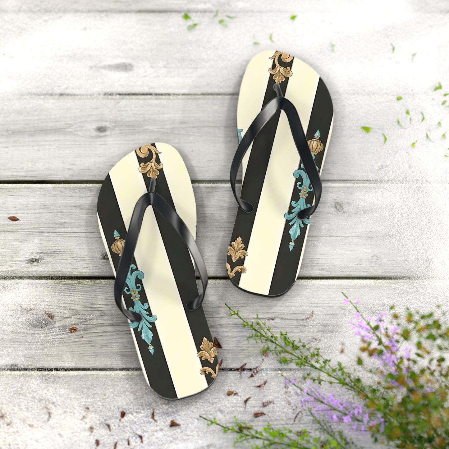 Stylish Flip Flops | Beach Sandals, Summer Footwear, Vacation Getaway, Casual Summer Style - Black Striped Turquoise & Black Rococo