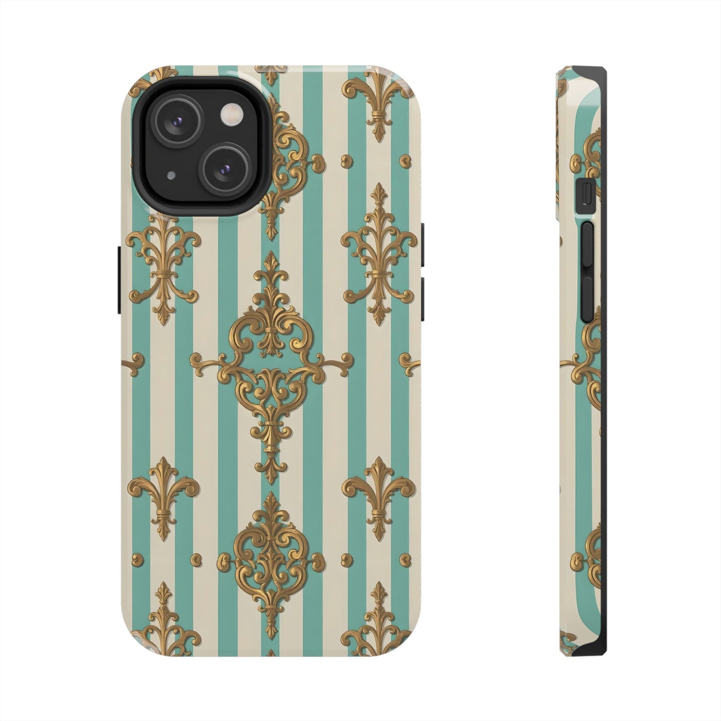 Elegant Striped Phone Case with Vintage Design, Tough Phone Cover, Stylish Smartphone Case - Matte Green Striped Rococo