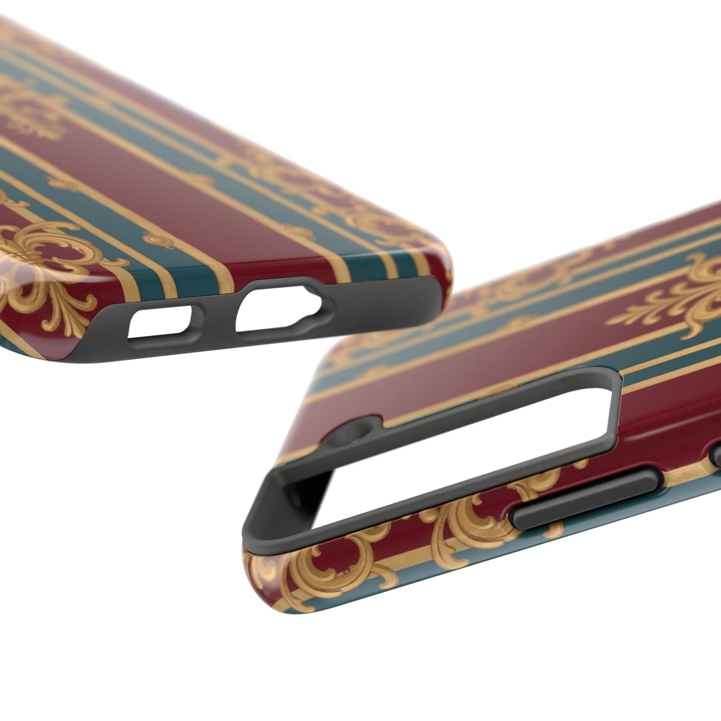 Elegant Vintage Tough Phone Case, Luxury Phone Protection, Stylish Phone Cover, Durable Phone Accessory - Burgundy Striped Gold Baroque