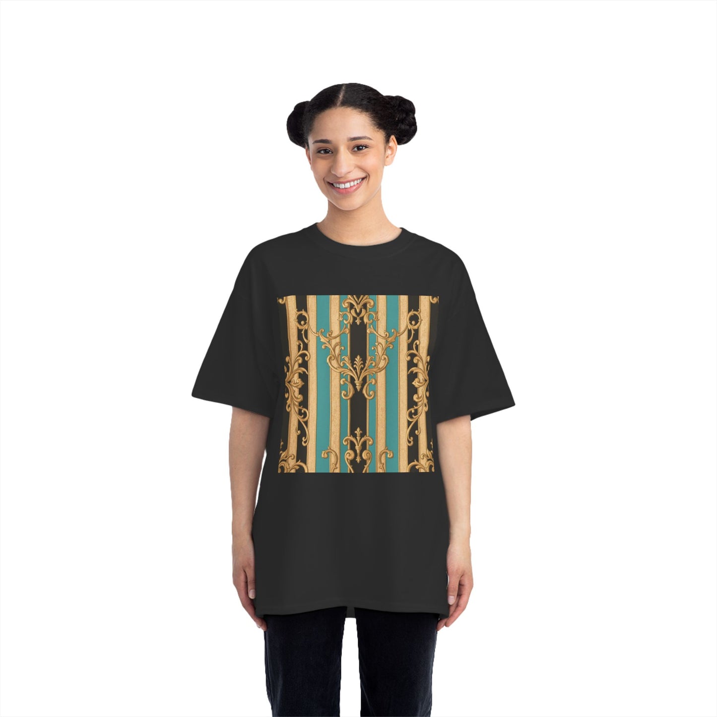 Chic Black, Tan & Ocean Green Striped Gold Baroque Vintage Pattern T-Shirt - Art Shirt, Stylish Casual Wear, Gifts & Everyday Fashion
