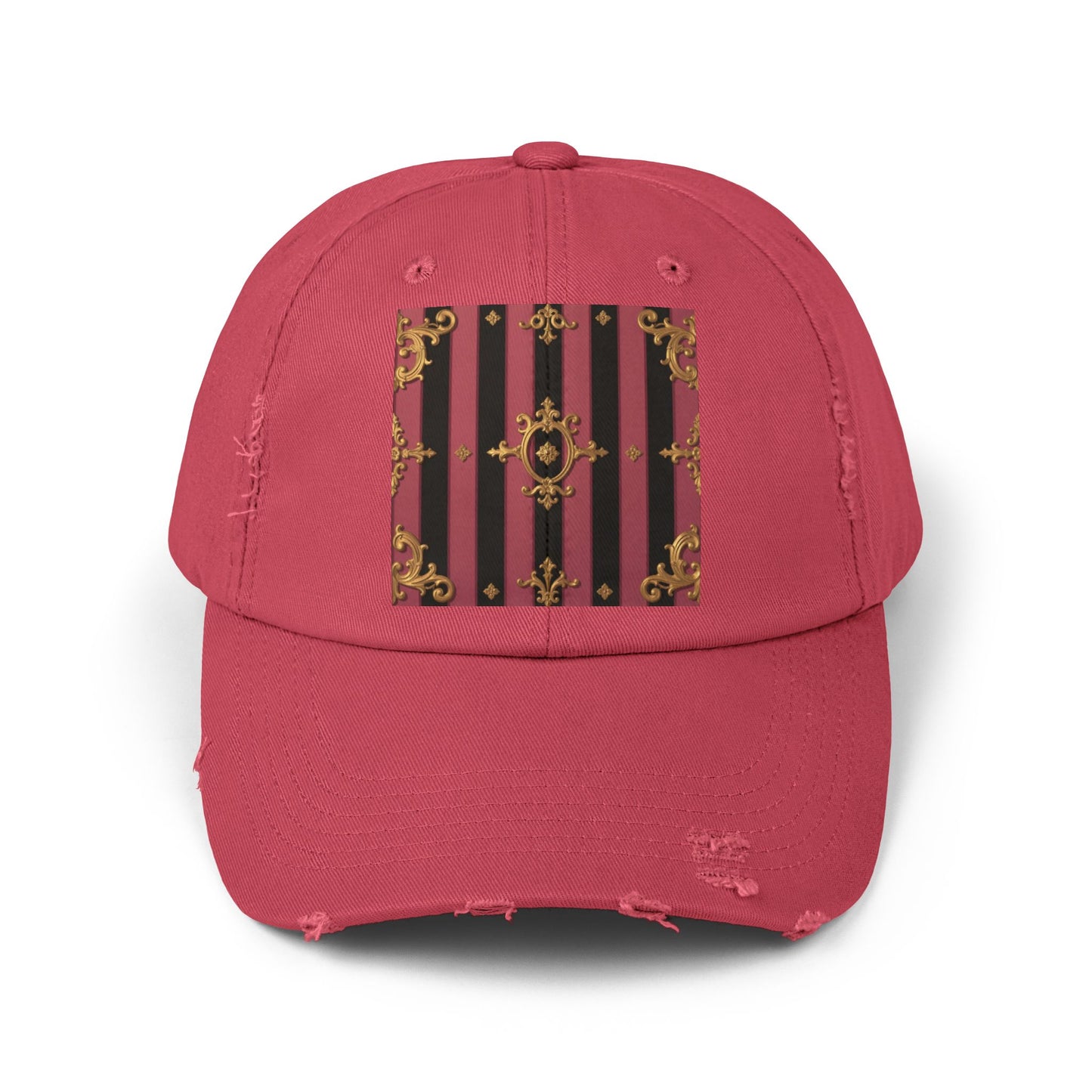 Chic Black & Mauve Striped Gold Baroque Distressed Cap, Trendy Hat, Vintage Style Cap, Gift for Him/Her, Casual Accessory