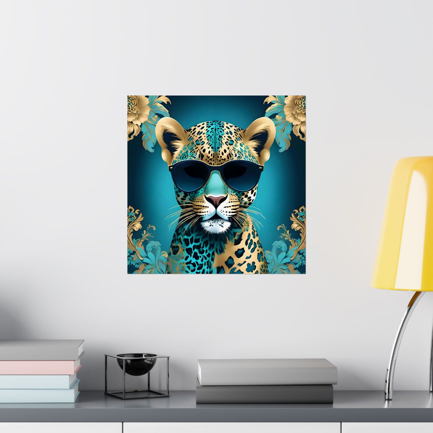 Vertical Wall Poster - Floral Motif Art - Aqua & Gold Leopard in Sunglasses