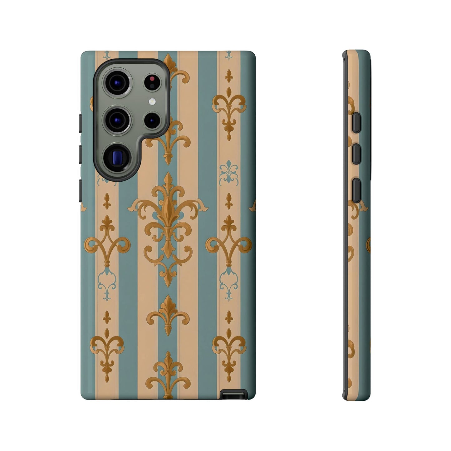 Elegant Floral Motif Phone Case - Tough Cases with Vintage Design -  Beige & Sky Blue Striped Gold Damask