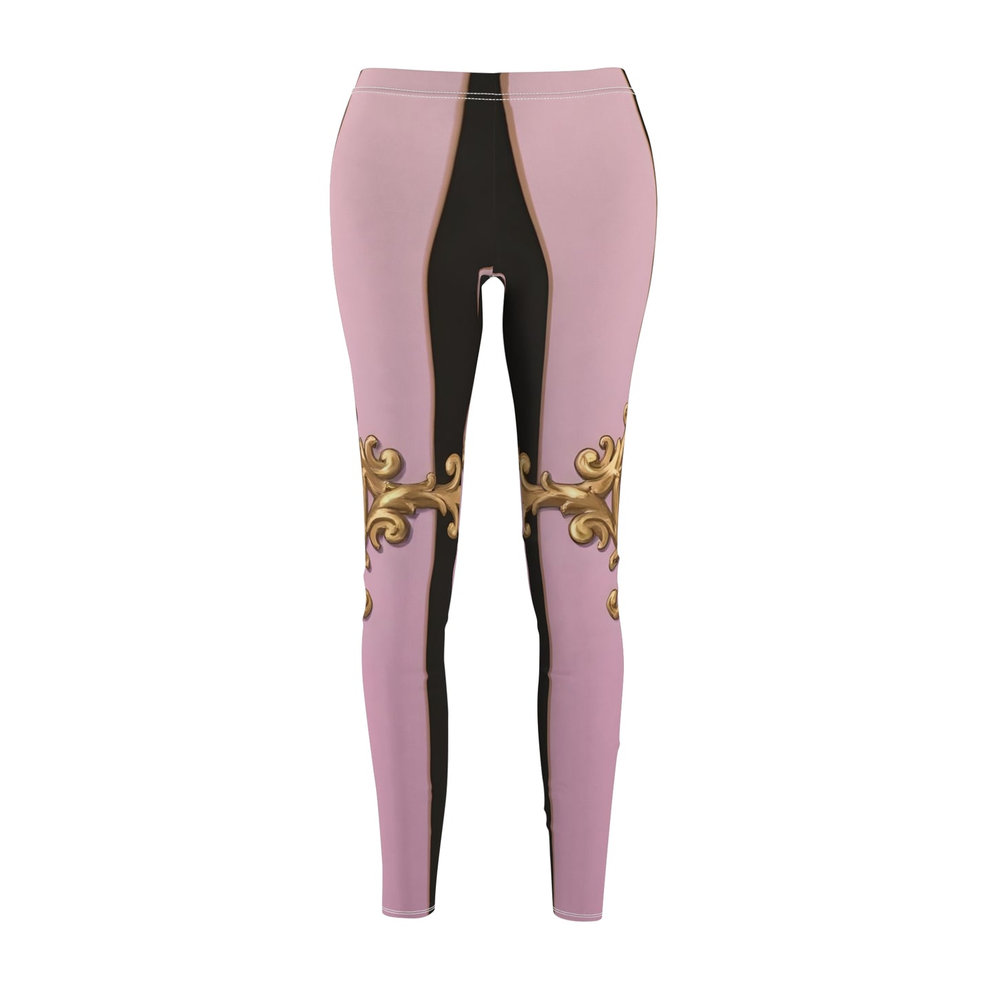 Elegant Women's AOP Leggings with Baroque Design, Chic Activewear, Trendy Workout Pants - Matte Lavender & Black Striped Gold Baroque