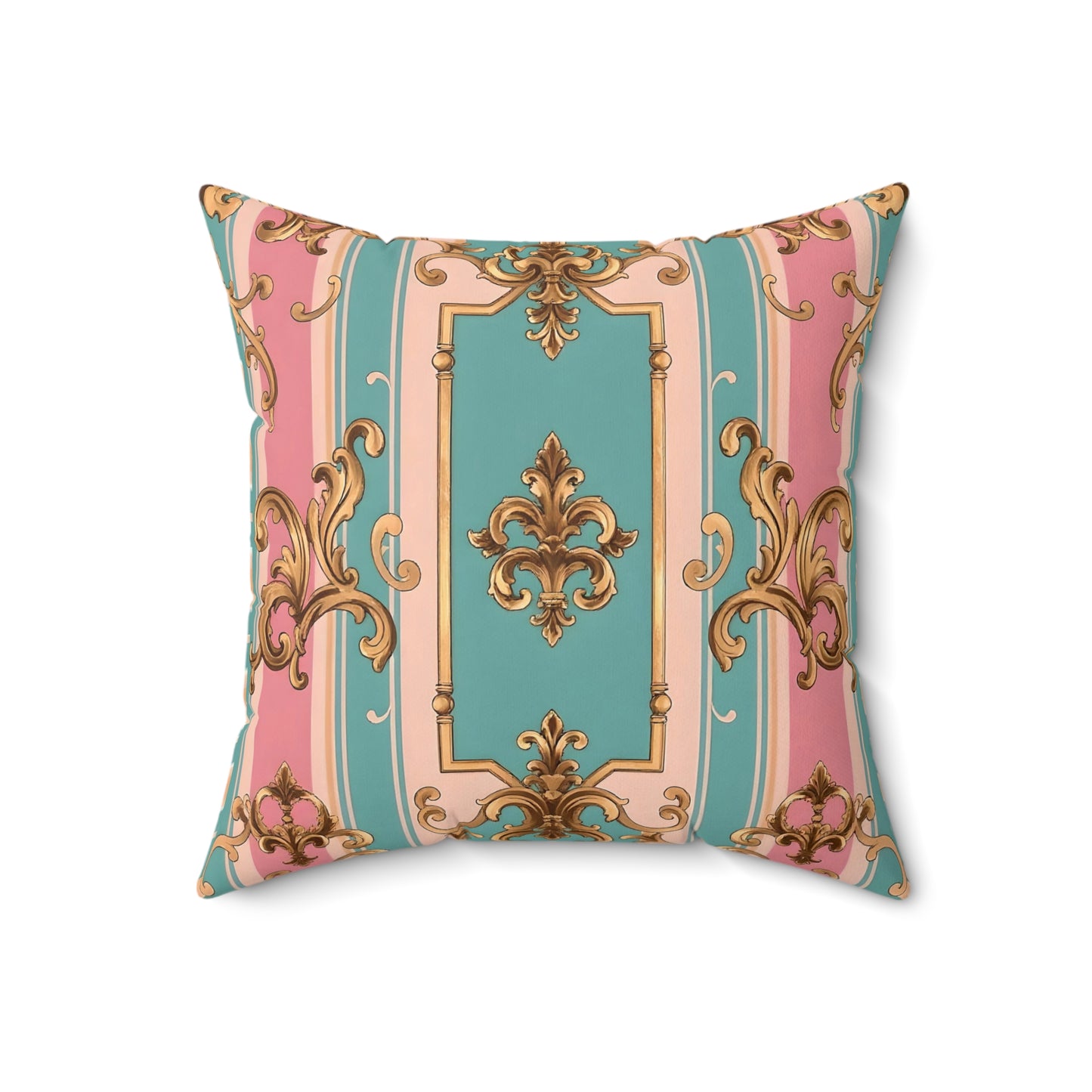 Elegant Faux Suede Square Pillow in Pastel Colors, Decorative Throw Pillow - Pink & Matte Turquoise Striped Rococo
