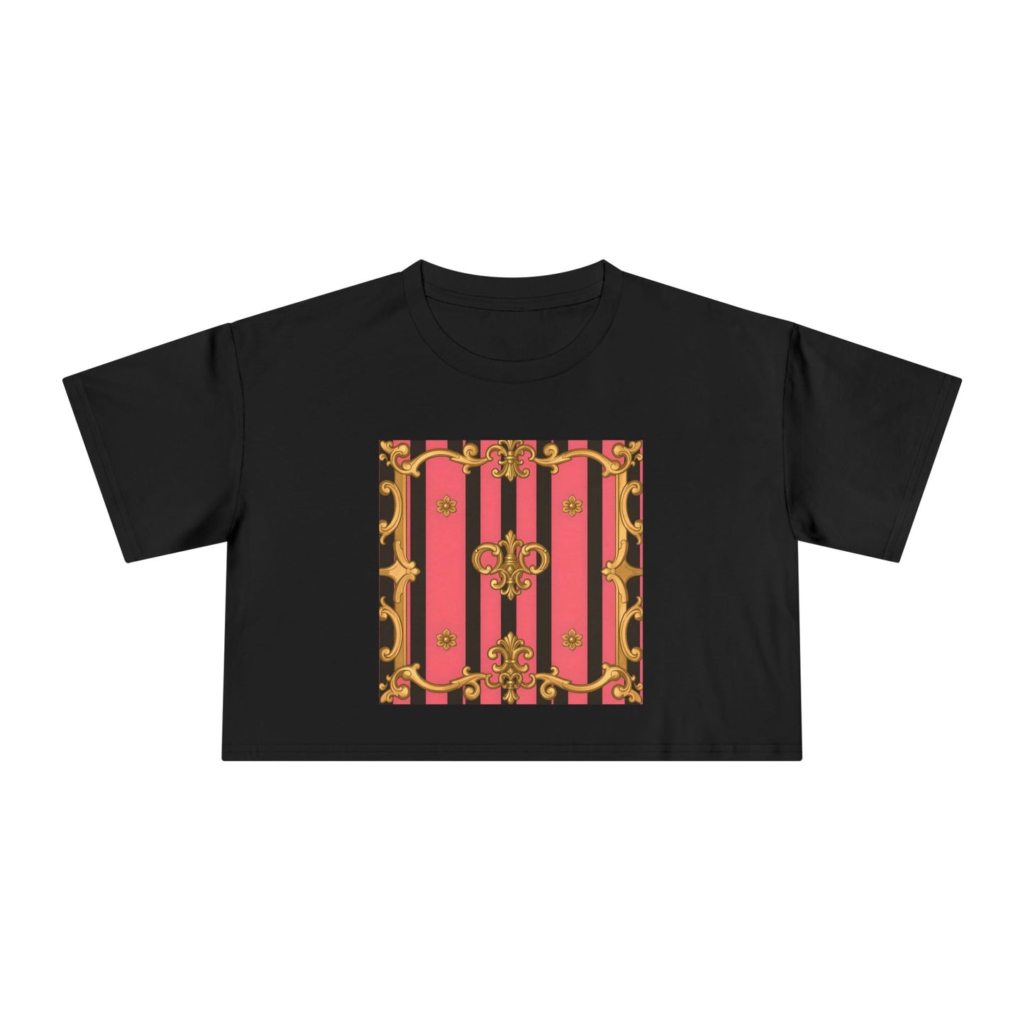 Chic Vintage-Inspired Women's Crop Tee, Stylish Summer Top, Trendy Fashion Tee, Baroque Casual Wear - Pink & Black Striped Gold Baroque