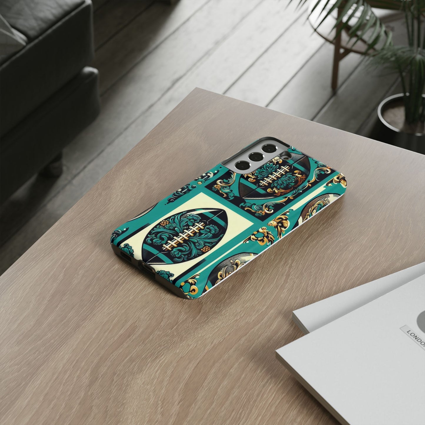 Elegant Floral Motif Phone Case - Tough Cases with Vintage Design -  Damask Teal, Gold & Black Footballs