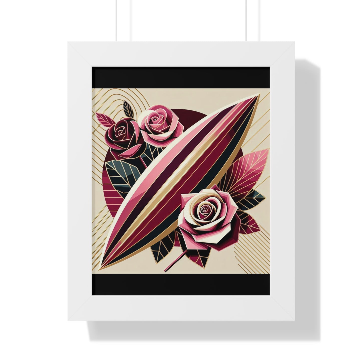 Vertical Poster - Pink & Burgundy Striped Surfboard & Roses Wall Art