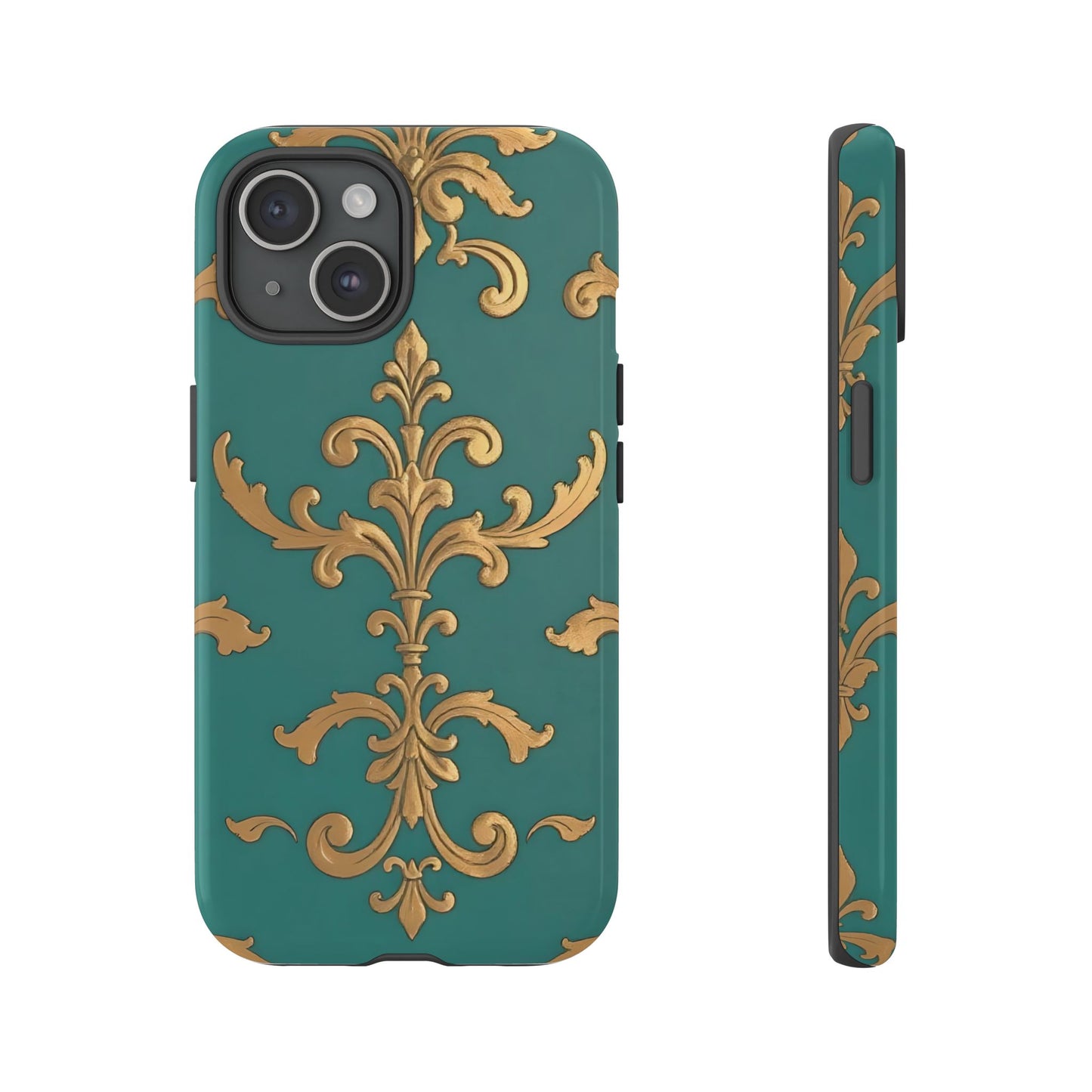 Elegant Floral Motif Phone Case - Tough Cases with Vintage Design - Aqua & Gold Damask