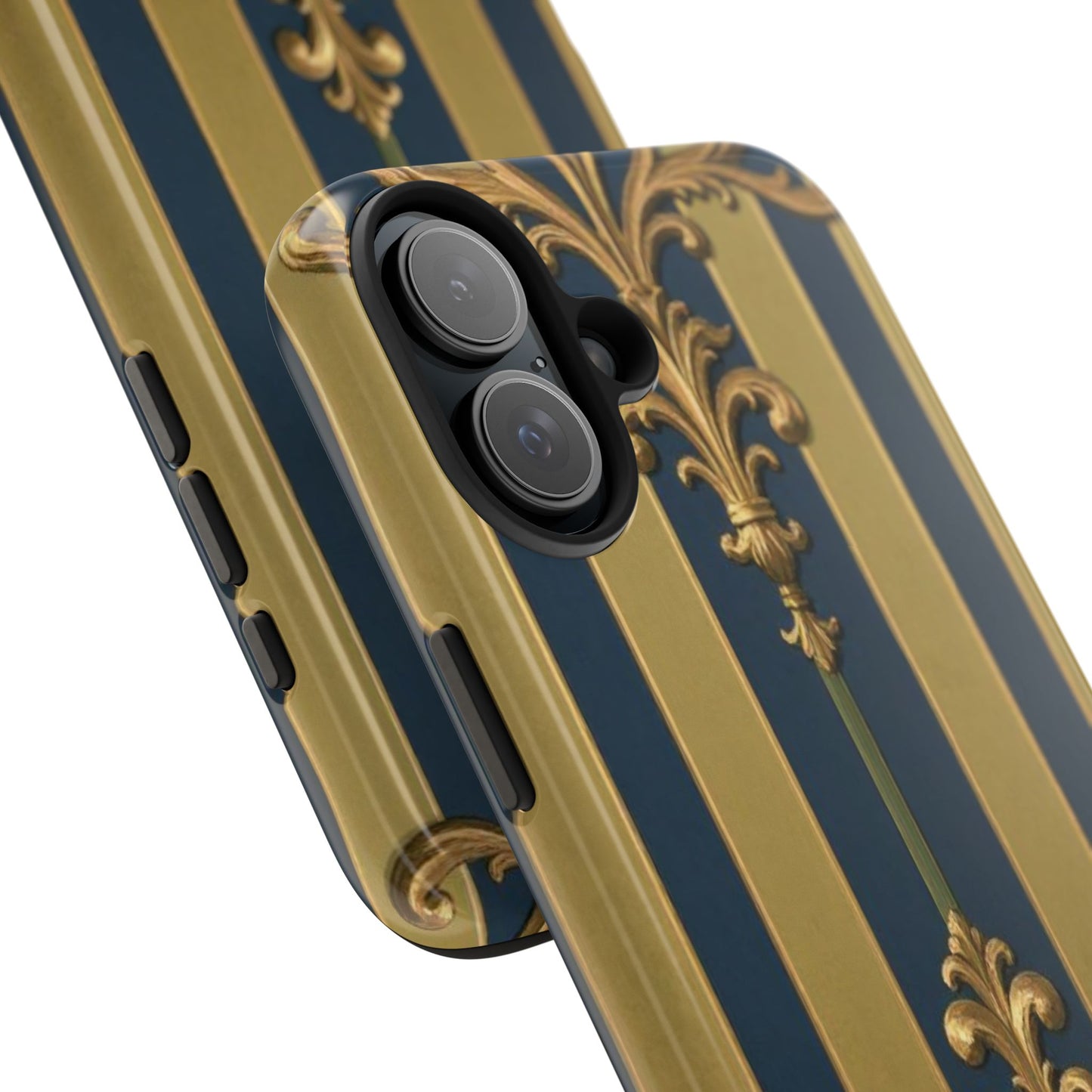 Elegant Midnight Blue & Olive Striped Gold Baroque Tough Phone Case, Phone Cover, Durable Case for Protection, Stylish Gift for Him/Her