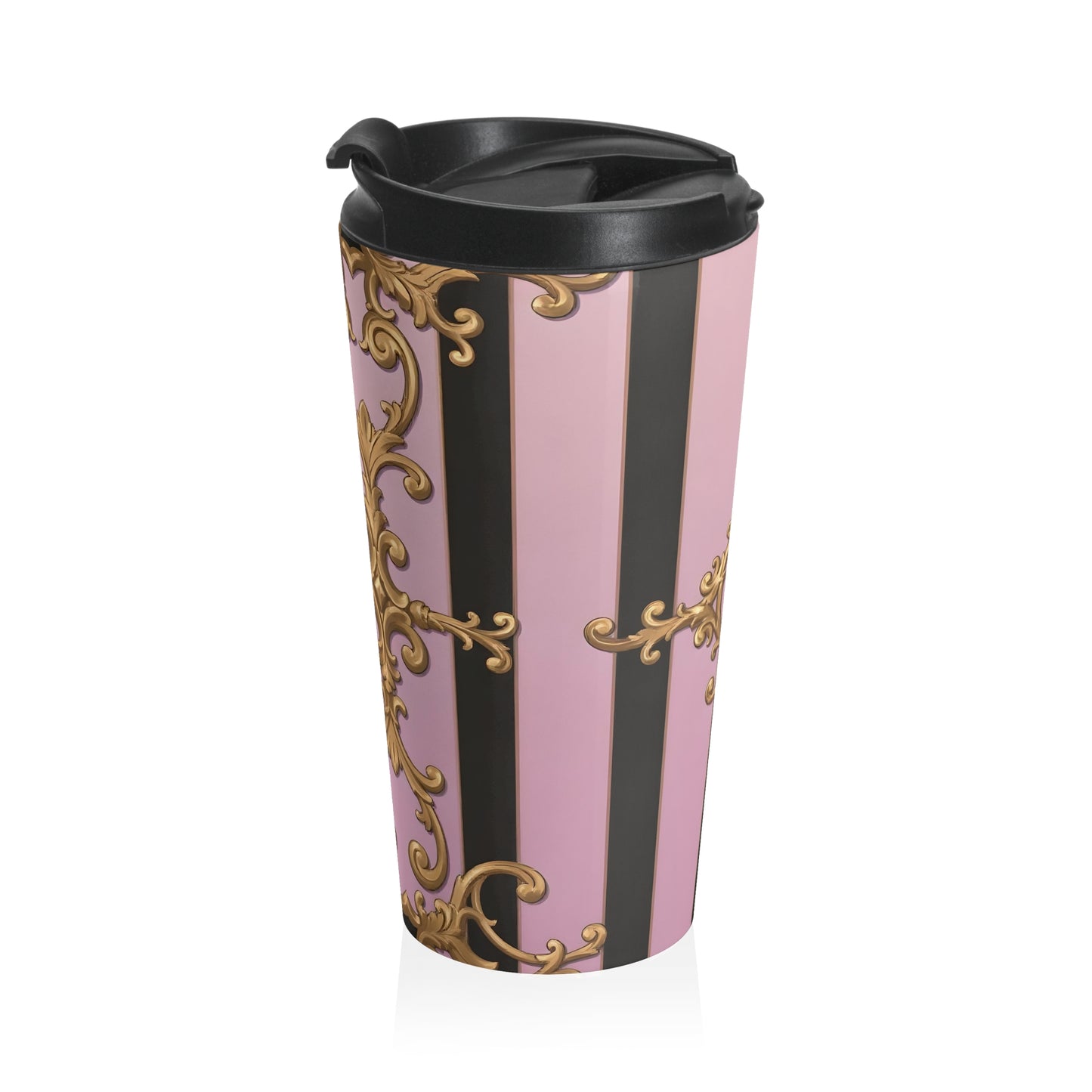 Elegant Ornate Stainless Steel Travel Mug - Perfect for Coffee Lovers, Gifts, Travel Enthusiasts - Matte Lavender & Black Striped Gold Baroque
