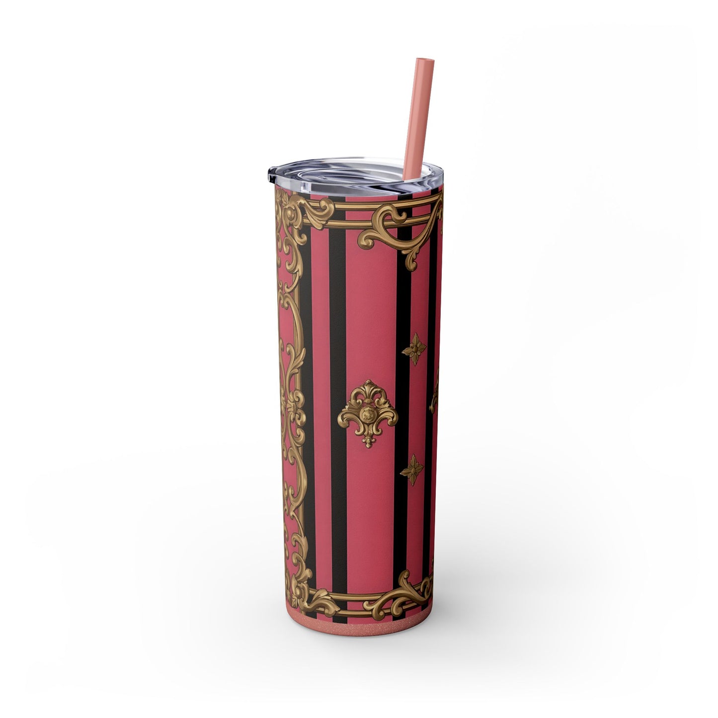 Elegant Pink Striped Skinny Tumbler with Straw, 20oz, Stylish Drinkware, Custom Gift Idea, Travel Mug, Wedding Gift - Pink Striped Gold Rococo