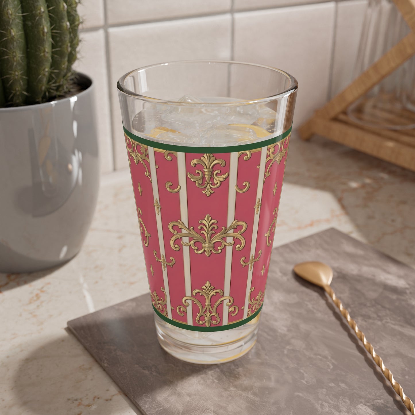 Elegant Green Border Pink Striped Baroque Mixing Glass - 16oz, Vintage Inspired Barware, Retro Floral Drinkware, Cocktail Glass, Home Bar Gift