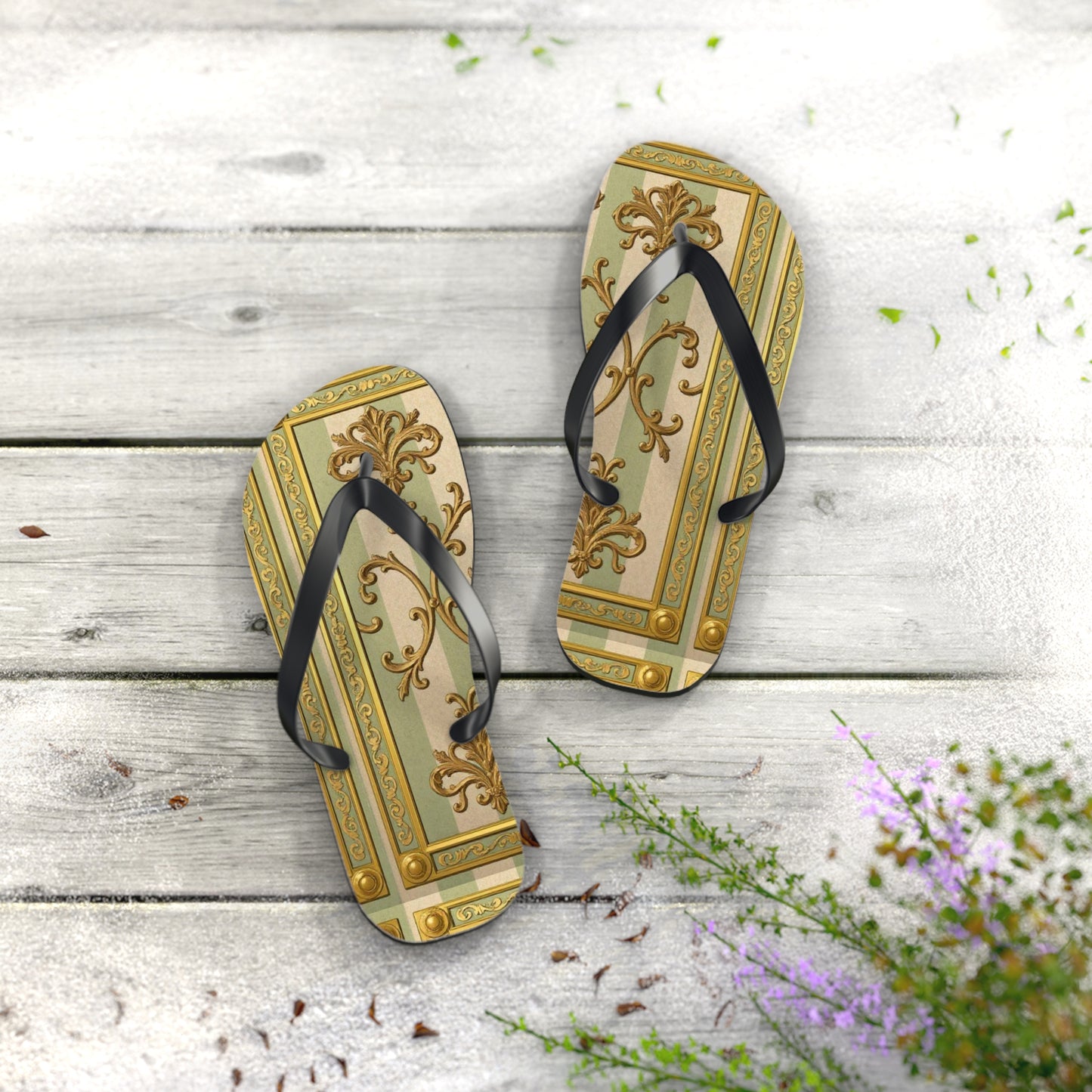 Elegant Floral Flip Flops for Summer, Beach Footwear, Stylish Sandals, Vacation Essentials, Outdoor Slip-On Shoes - Mint & Beige Striped Gold Baroque