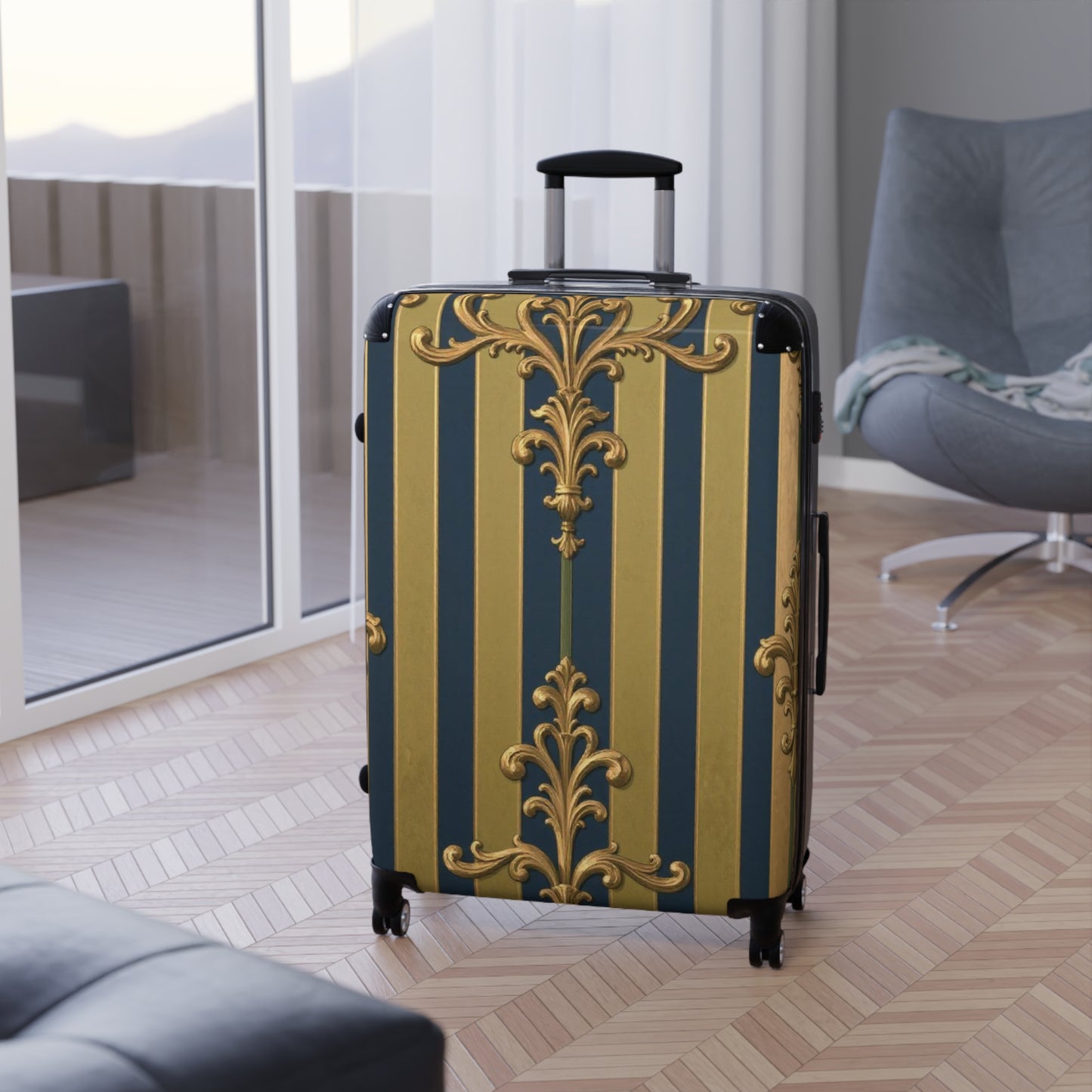 Elegant Midnight Blue & Olive Striped Gold Baroque Travel Suitcase, Chic Luggage for Stylish Travelers, Fashionable Overnight Bag, Luxury Baggage