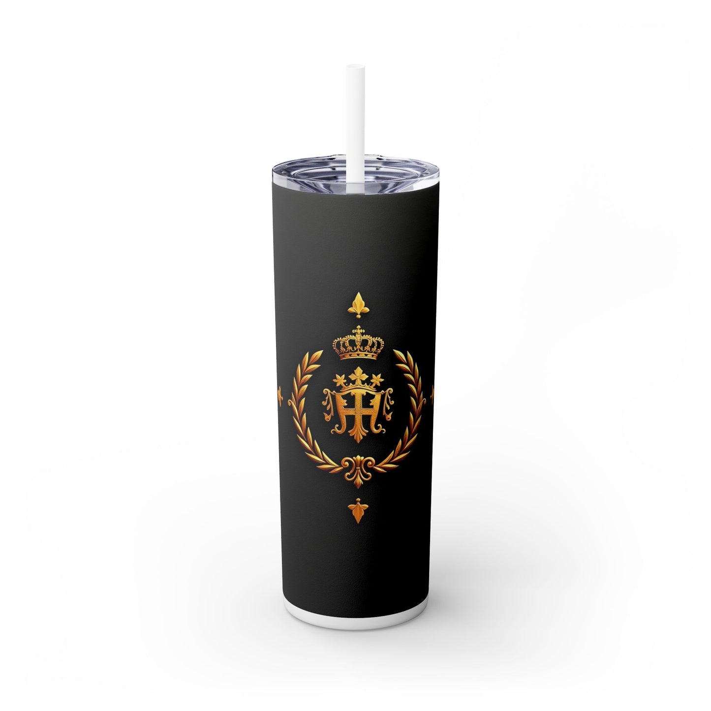 Elegant Royal Themed Skinny Tumbler, Chic Drinkware for Parties, Daily Hydration, Gifts for Her, Travel Mug, Reusable Straw - Pink Striped Gold Crest