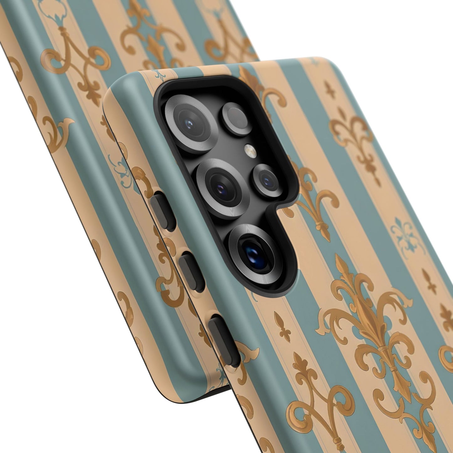 Elegant Floral Motif Phone Case - Tough Cases with Vintage Design -  Beige & Sky Blue Striped Gold Damask