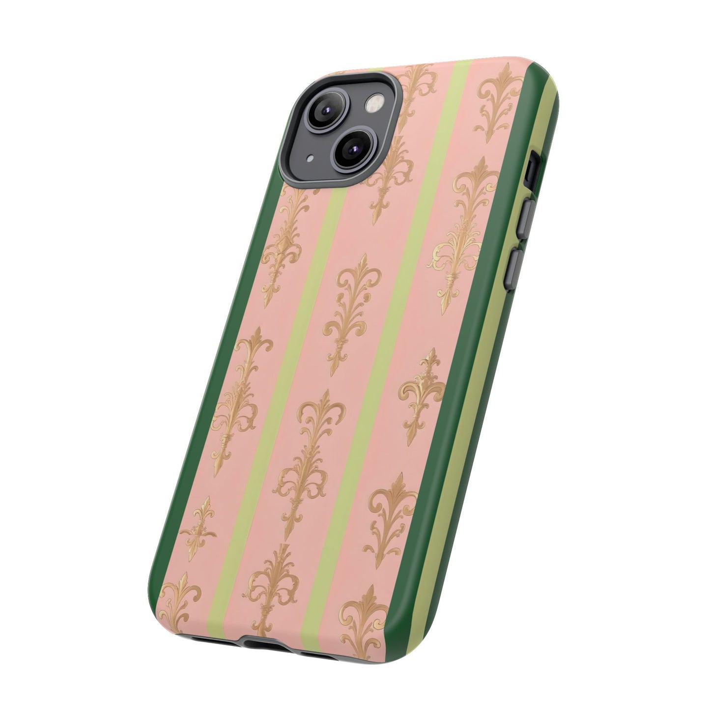 Elegant Floral Motif Phone Case - Tough Cases with Vintage Design - Lime Green & Pink Striped Damask