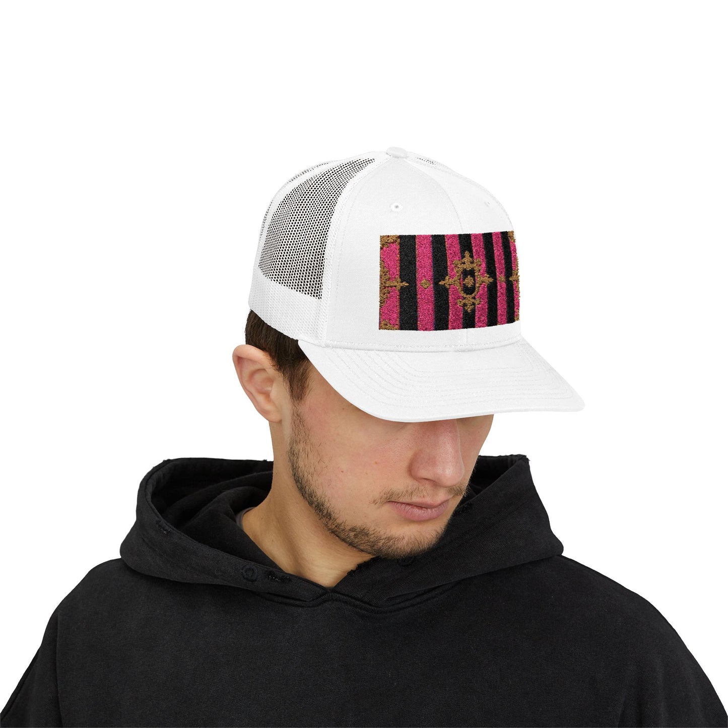 Stylish Snapback Trucker Cap with Black & Mauve Striped Gold Baroque, Trendy Fashion Hat, Perfect Gift for Him/Her