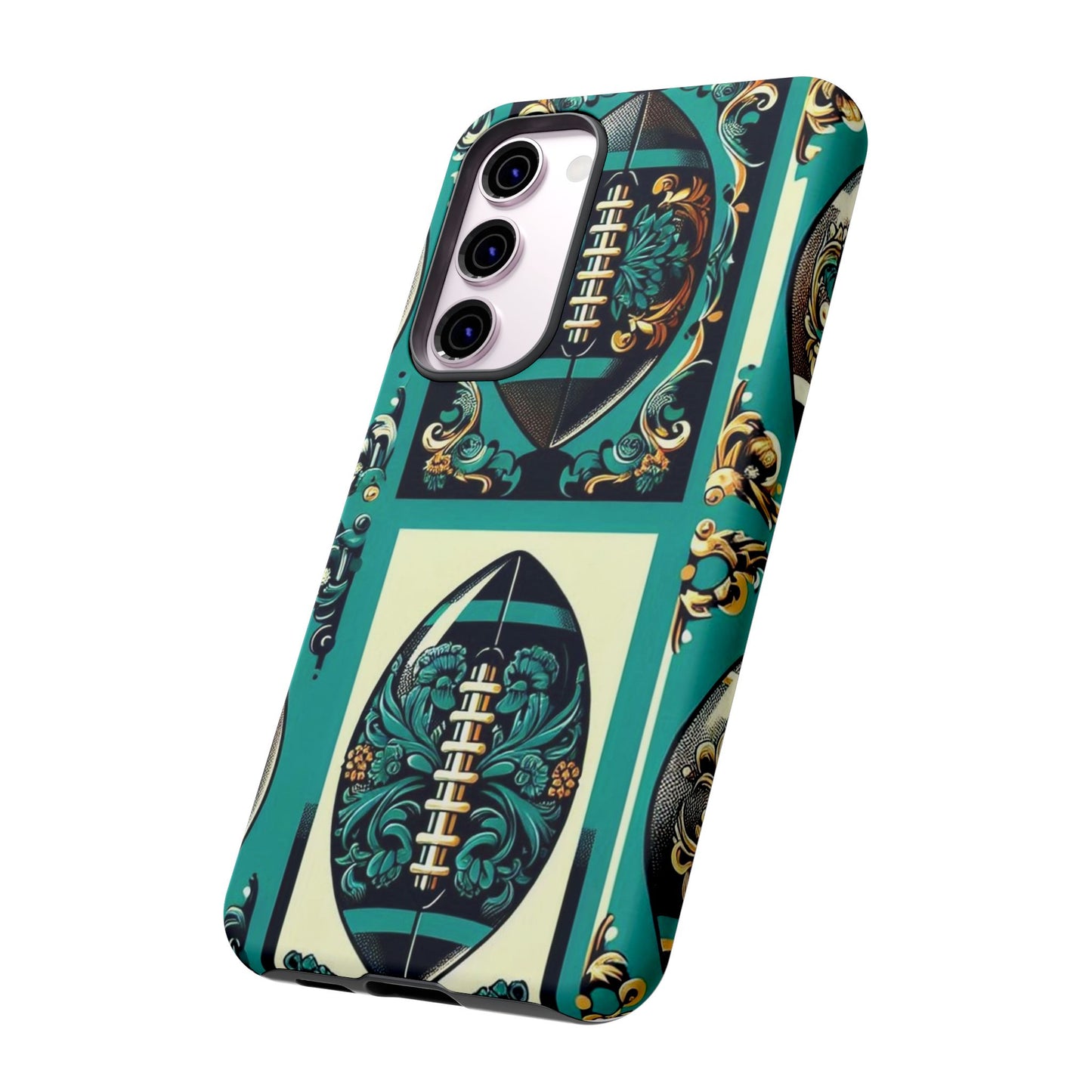 Elegant Floral Motif Phone Case - Tough Cases with Vintage Design -  Damask Teal, Gold & Black Footballs