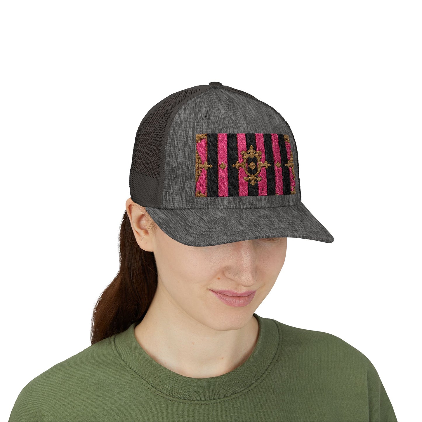 Stylish Snapback Trucker Cap with Black & Mauve Striped Gold Baroque, Trendy Fashion Hat, Perfect Gift for Him/Her