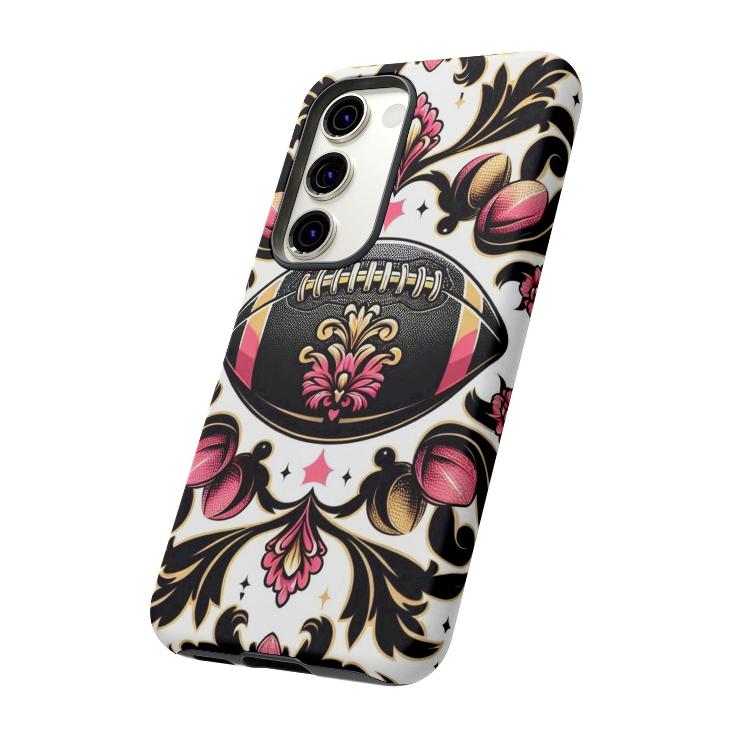 Elegant Floral Motif Phone Case - Tough Cases with Vintage Design - Damask White, Pink Gold & Black Football