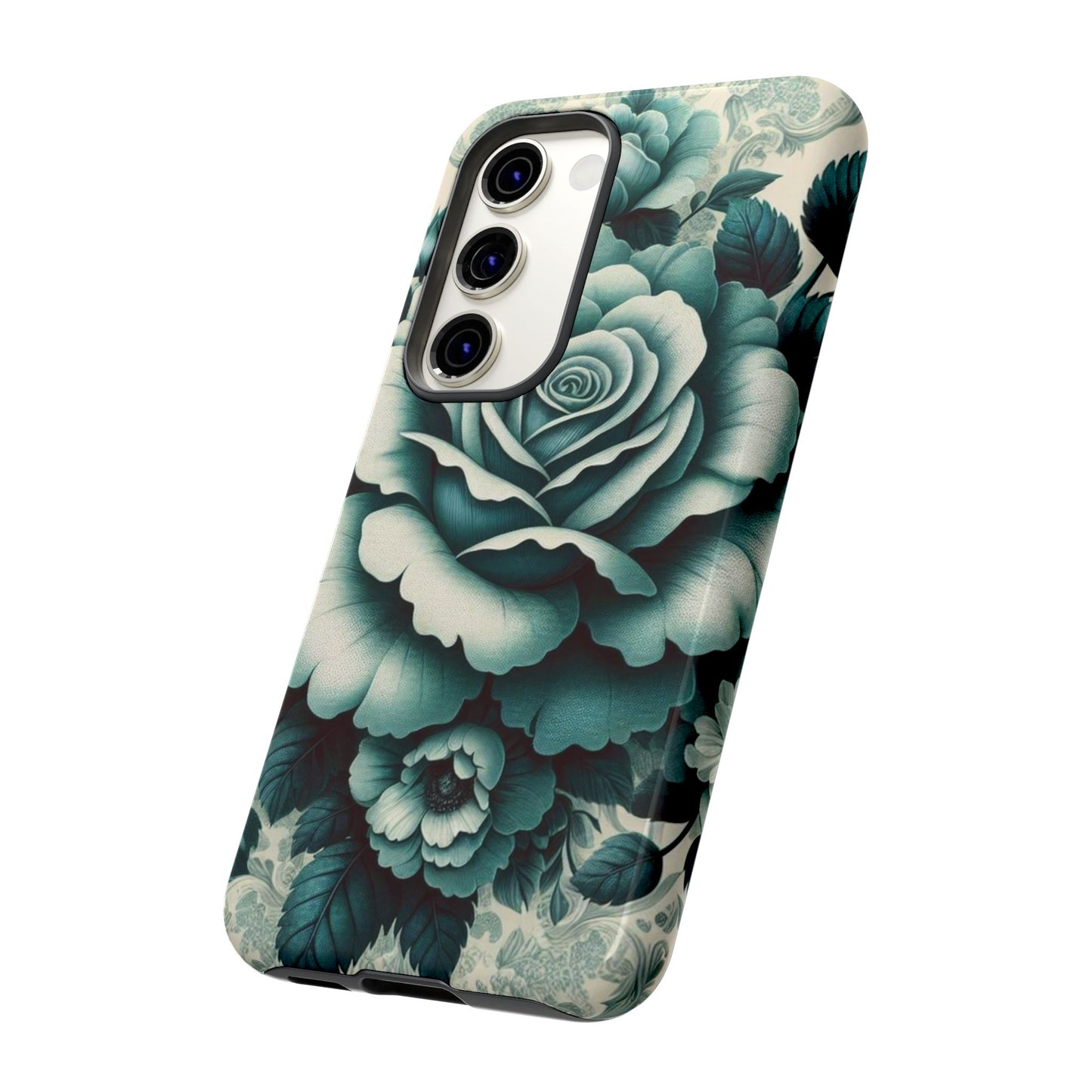 Elegant Floral Motif Phone Case - Tough Cases with Vintage Design - Teal Roses & Damask