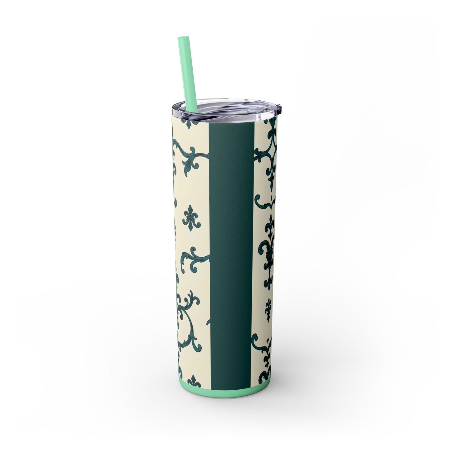Elegant Floral Skinny Tumbler, 20oz - Stylish Travel Mug for Home, Coffee Lover Gift, Eco-Friendly Drinkware, Party Favor - Teal Striped Rococo