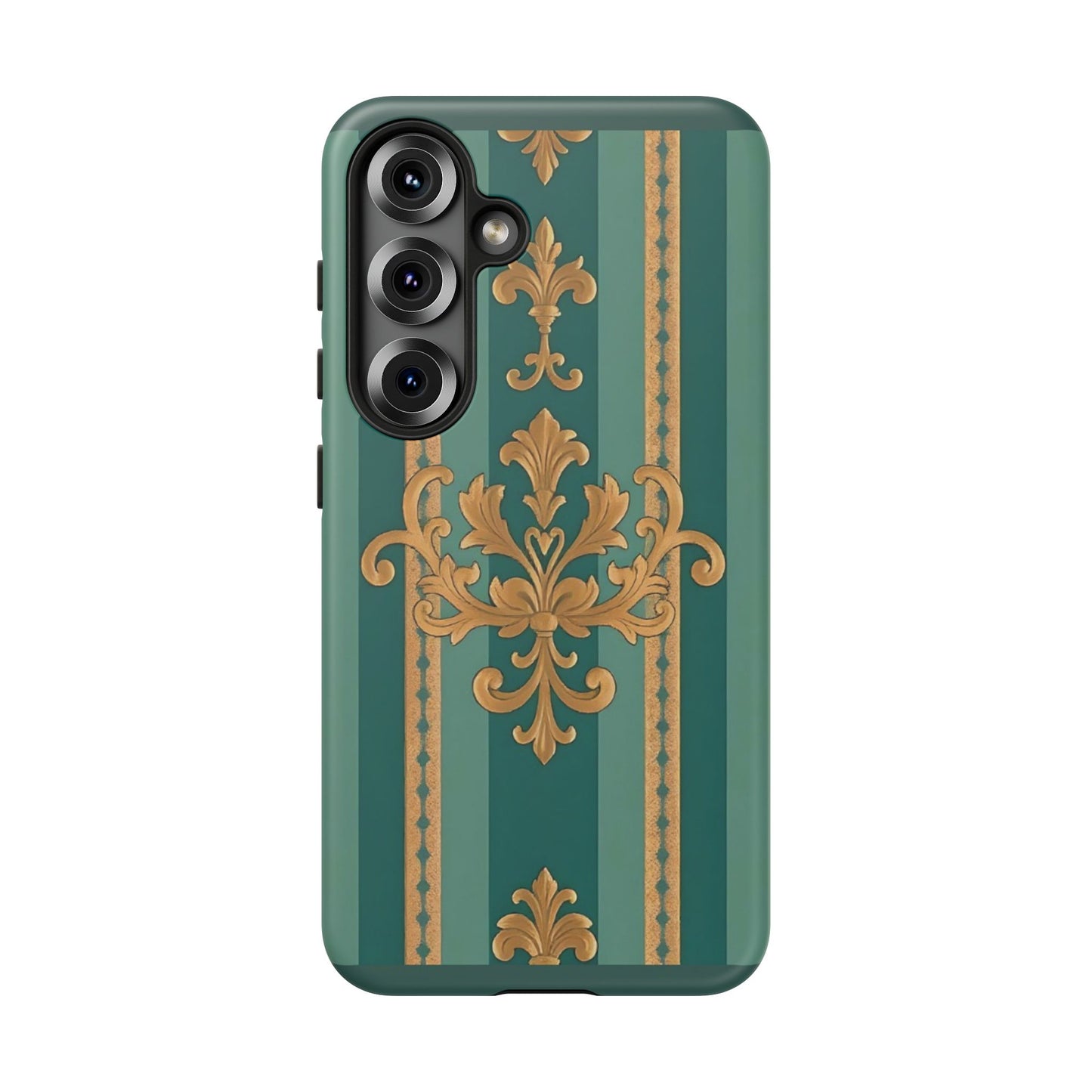 Elegant Floral Motif Phone Case - Tough Cases with Vintage Design - Teal Striped Gold Damask