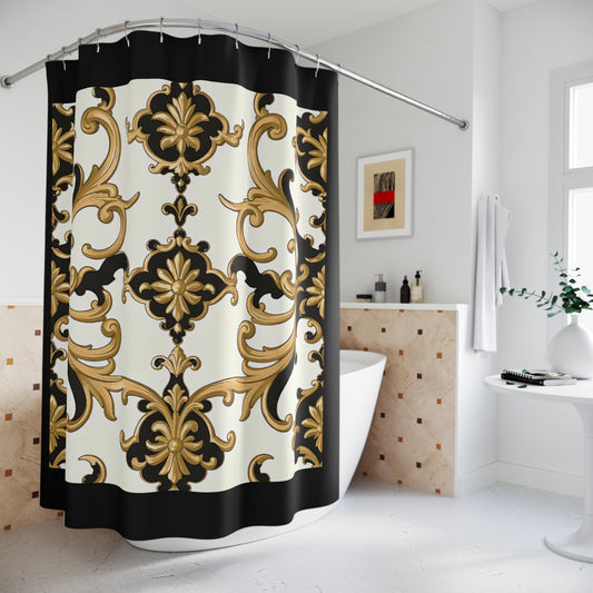 Elegant Floral Shower Curtain, Luxurious Bathroom Decor, Vintage Style Shower Curtain - Black & Gold Rococo