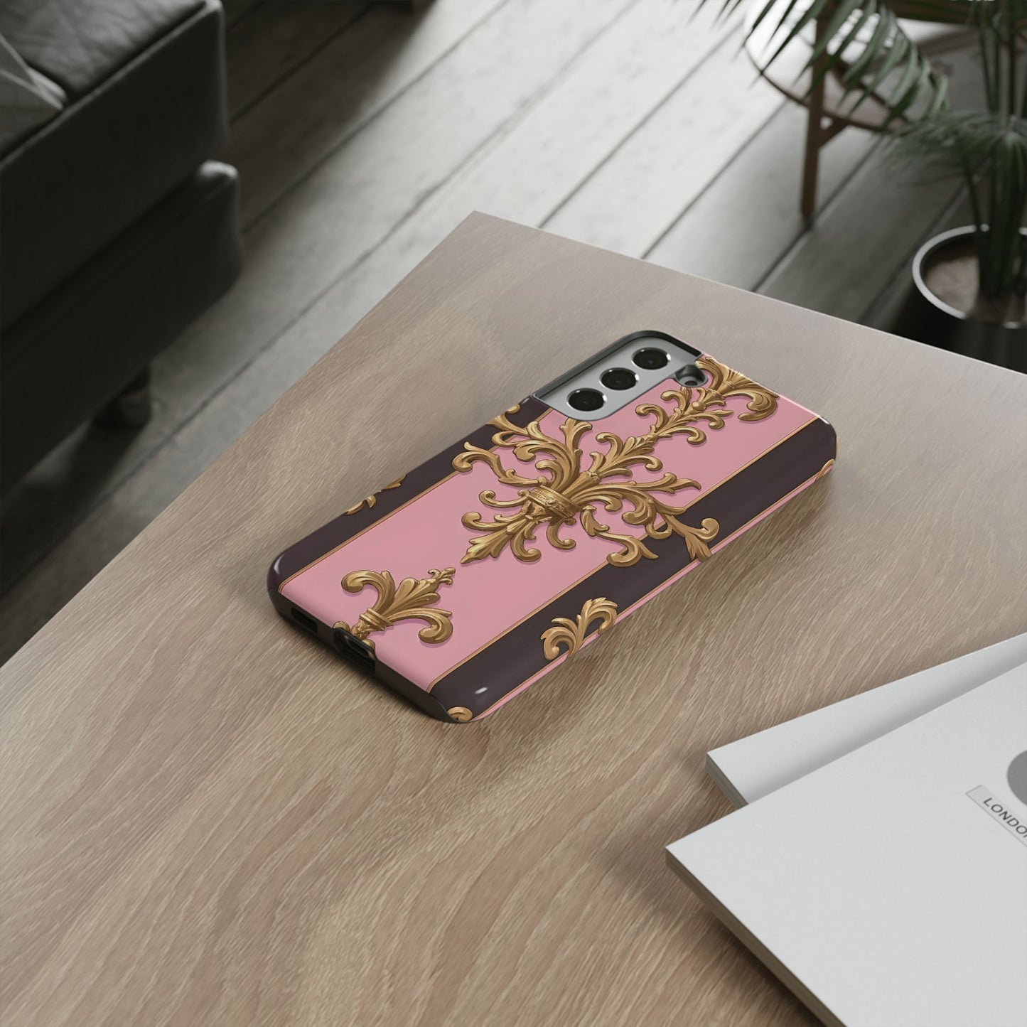 Elegant Floral Motif Phone Case - Tough Cases with Vintage Design - Pink & Brown Striped Gold Damask