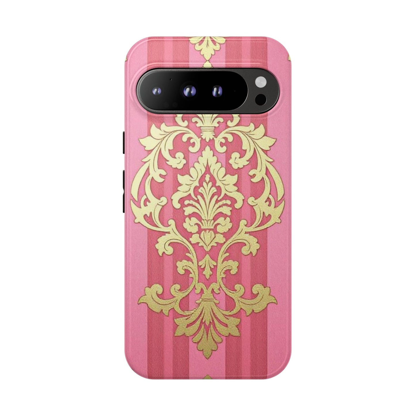 Elegant Floral Motif Phone Case - Tough Cases with Vintage Design - Pink Striped Damask