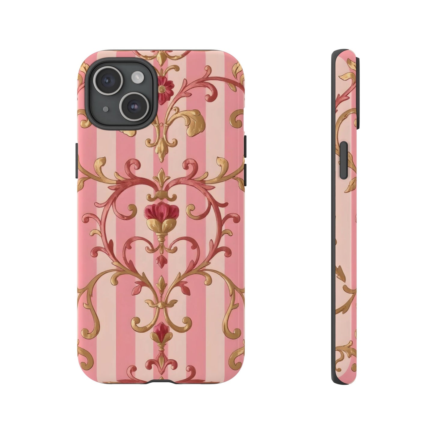 Elegant Floral Motif Phone Case - Tough Cases with Vintage Design - Pink Striped Rose Gold Damask