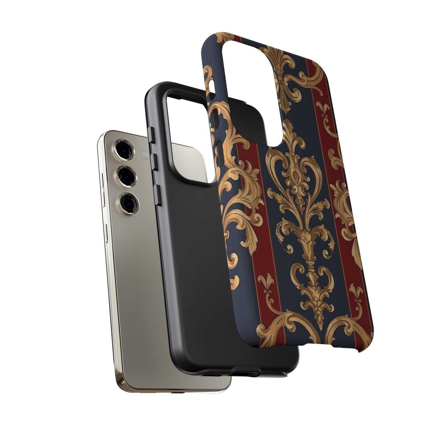 Elegant Floral Motif Phone Case - Tough Cases with Vintage Design - Midnight Blue & Dusk Red Striped Gold Damask
