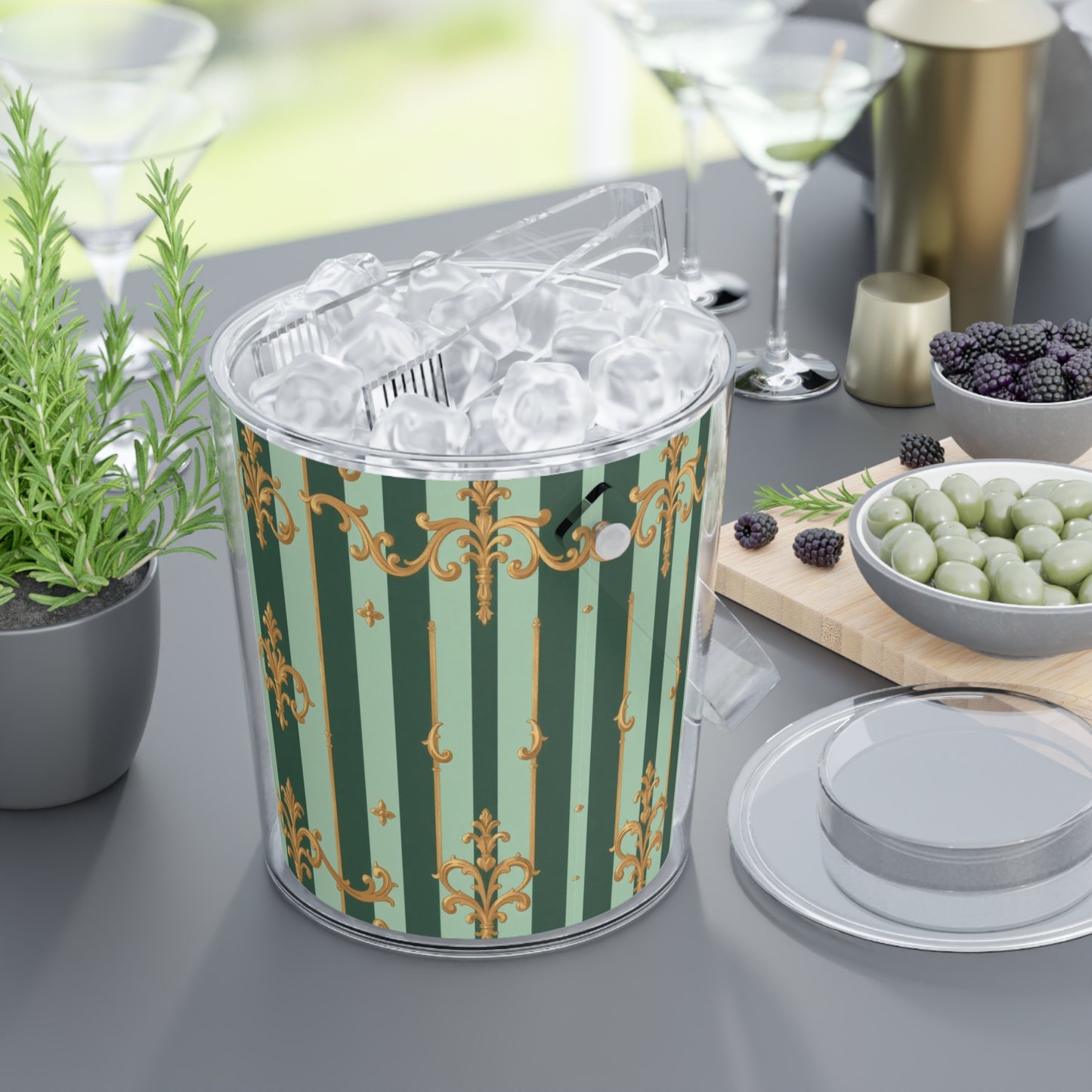 Elegant Vintage Ice Bucket with Tongs | Perfect for Parties, Weddings, Home Bars, Entertaining, Gifts - Mint Green & Teal Striped Gold Baroque