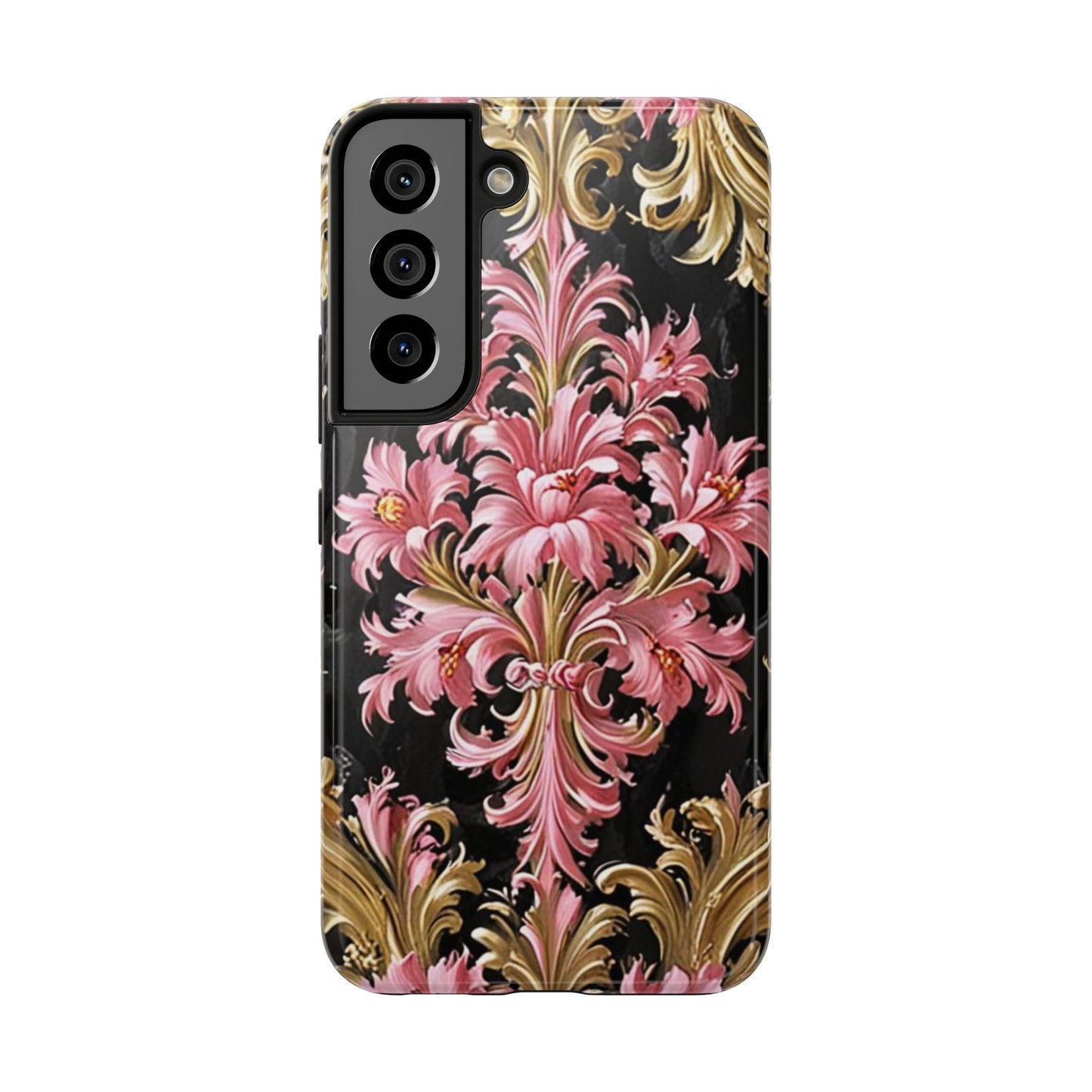 Elegant Floral Tough Phone Cases | Stylish Protection for Her | Gift for Birthdays - Black & Pink Oil Painting Style Rococo