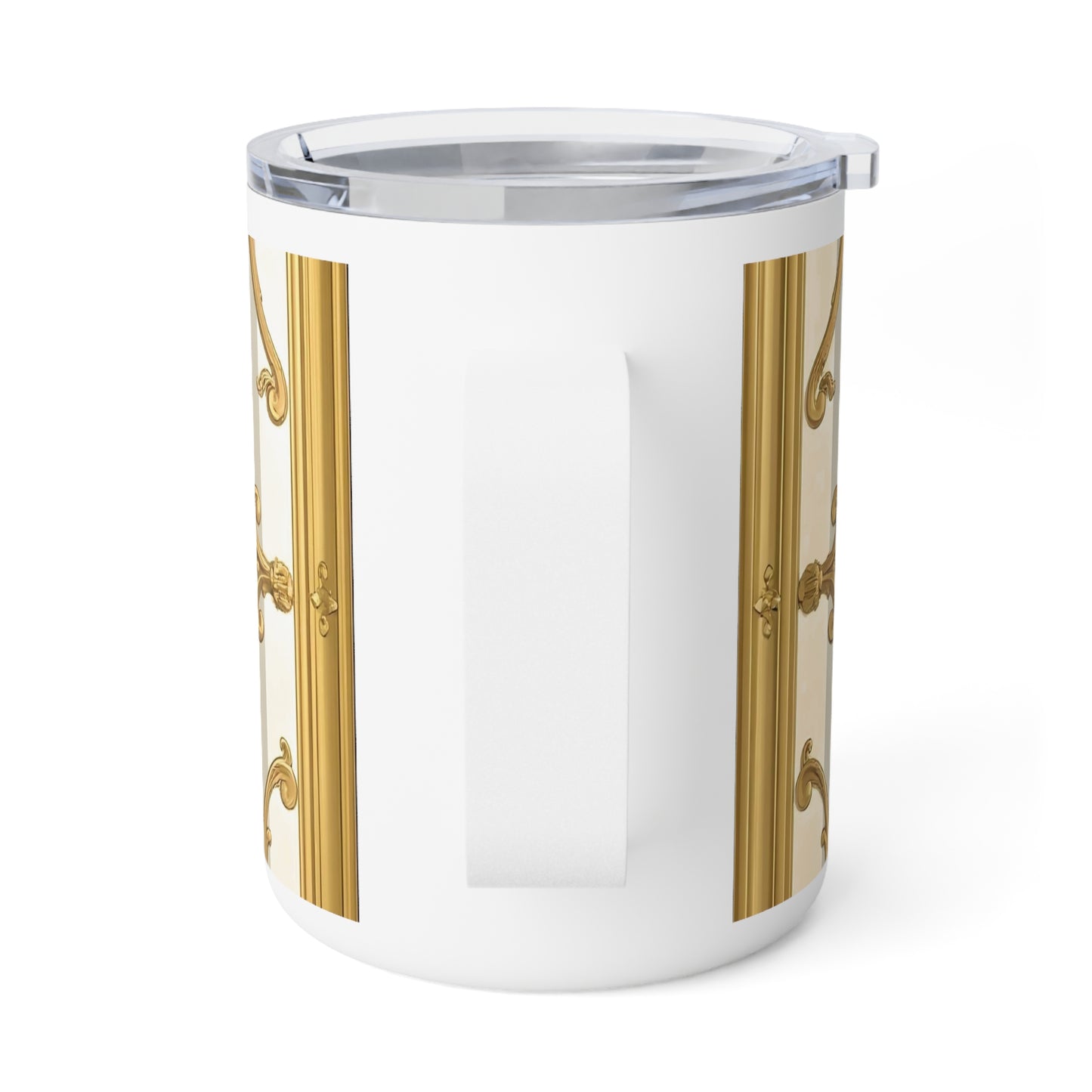 Elegant Gold Trim Insulated Coffee Mug, 10oz | Luxurious Gift, Decorative Drinkware, Home Office - Matte Gray & Cream Striped Gold Baroque