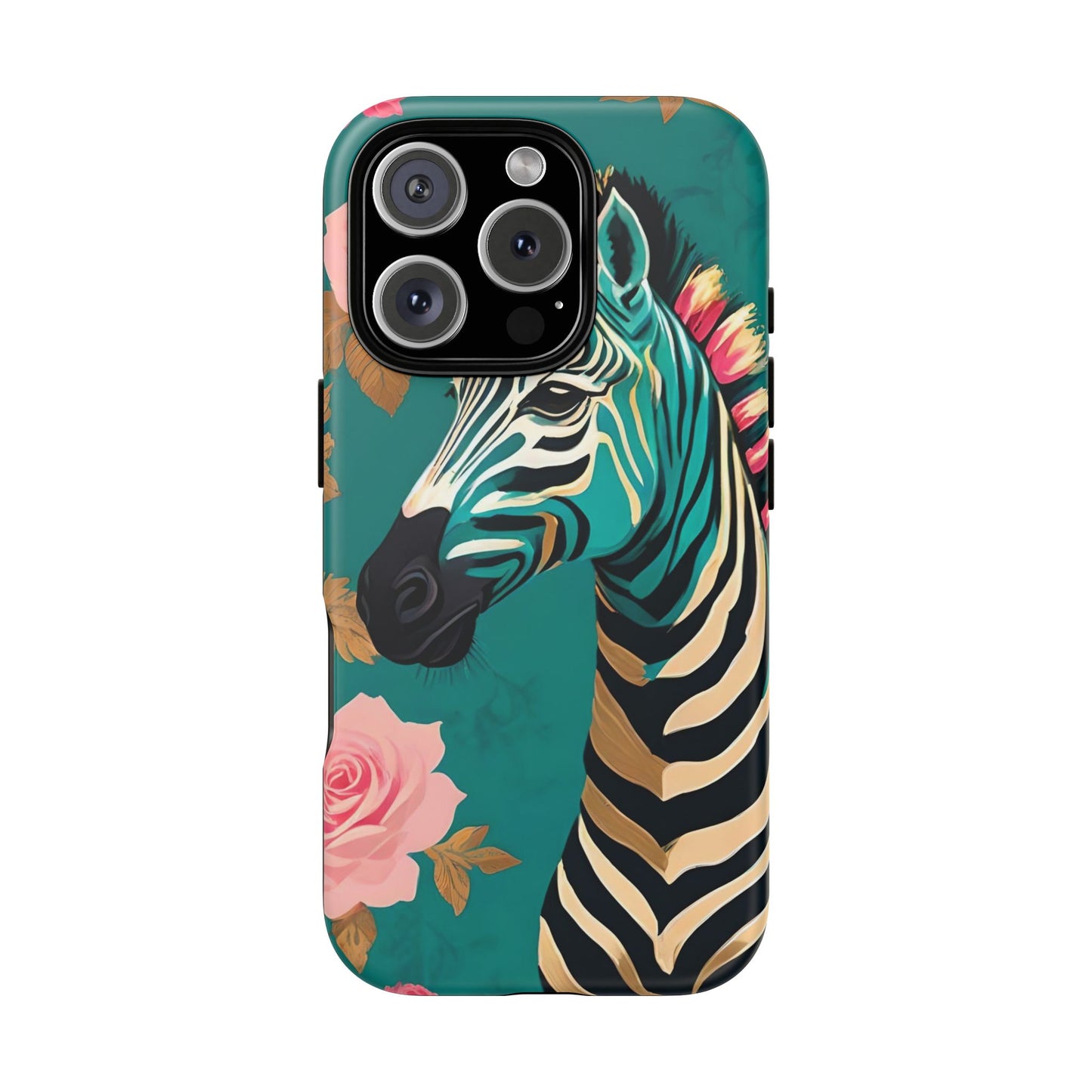 Phone Case - Elegant Teal & Gold Zebra & Roses Design