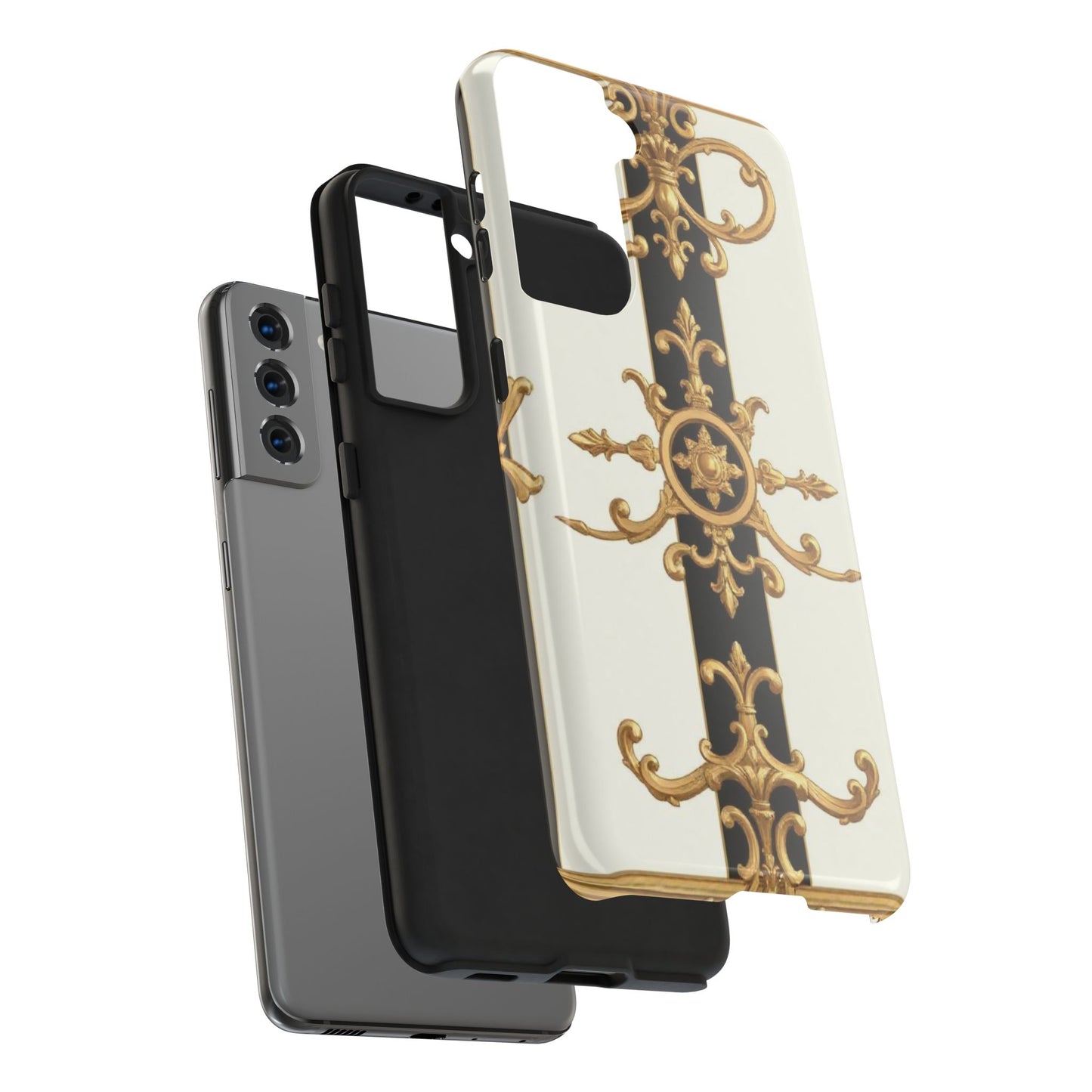 Elegant Baroque Tough Phone Case | Stylish Protection for Your Device, Gift for Her, Phone Accessories - Black & White Striped Gold Baroque
