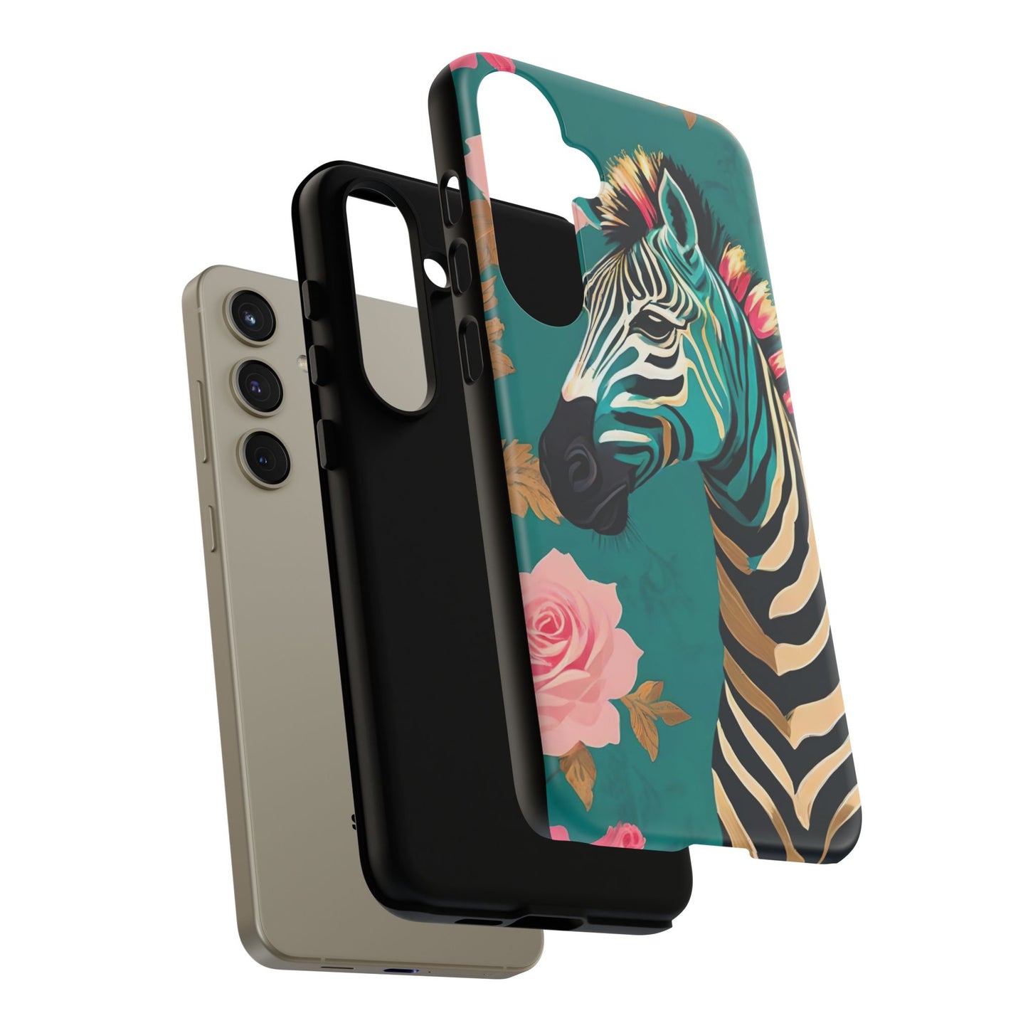 Phone Case - Elegant Teal & Gold Zebra & Roses Design