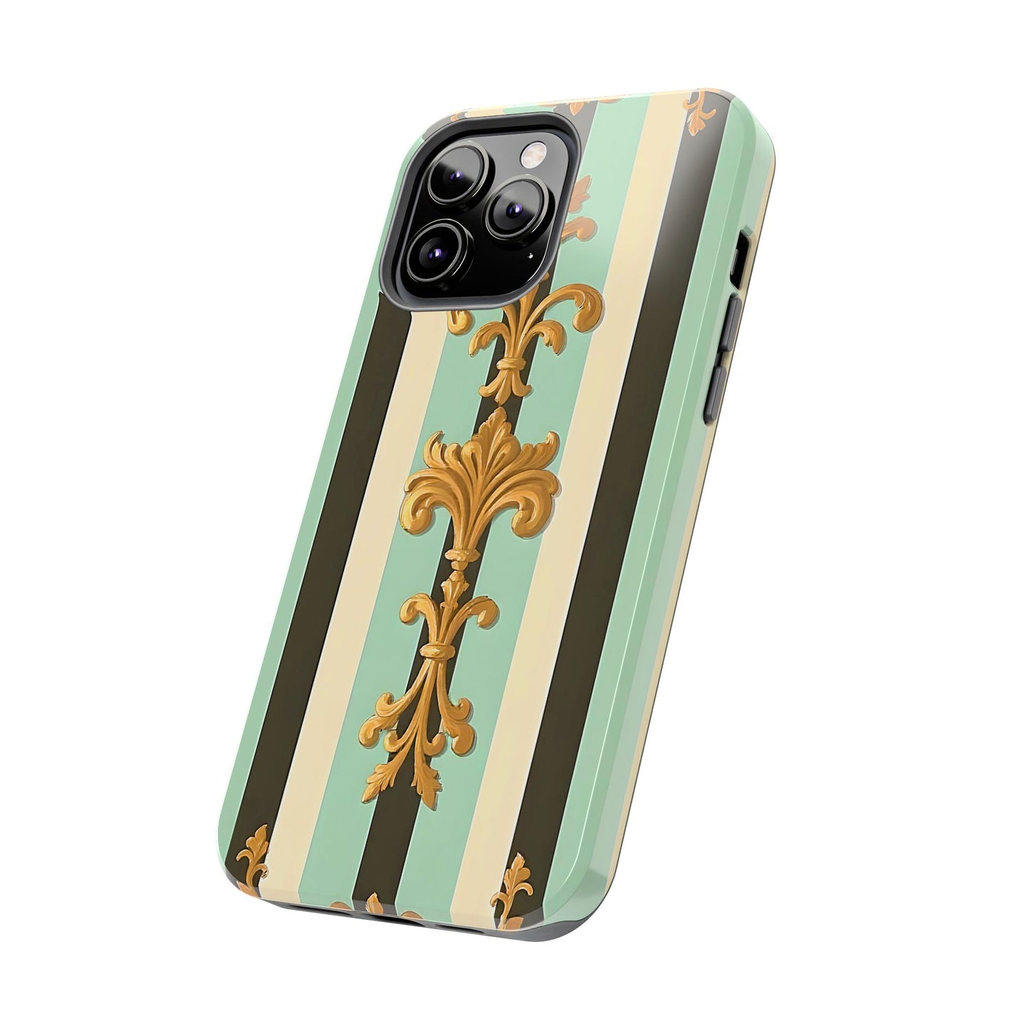 Elegant Floral Tough Phone Cases - Stylish Protection for All Occasions, Gifts for Her, Phone Covers - Black & Matte Mint Striped Rococo
