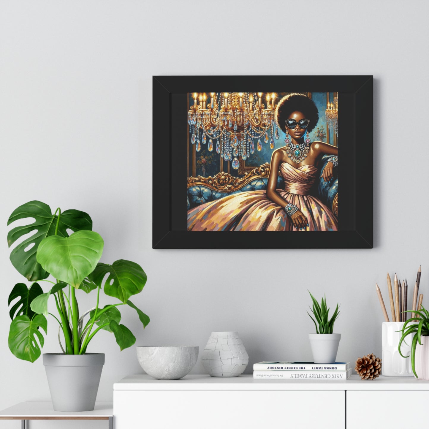 Elegant Framed Art Print | Chic Home Décor, Wall Art for Living Room, Unique Gift, Glamorous Aesthetic, Fashionable - Elegant Lady & Chandelier