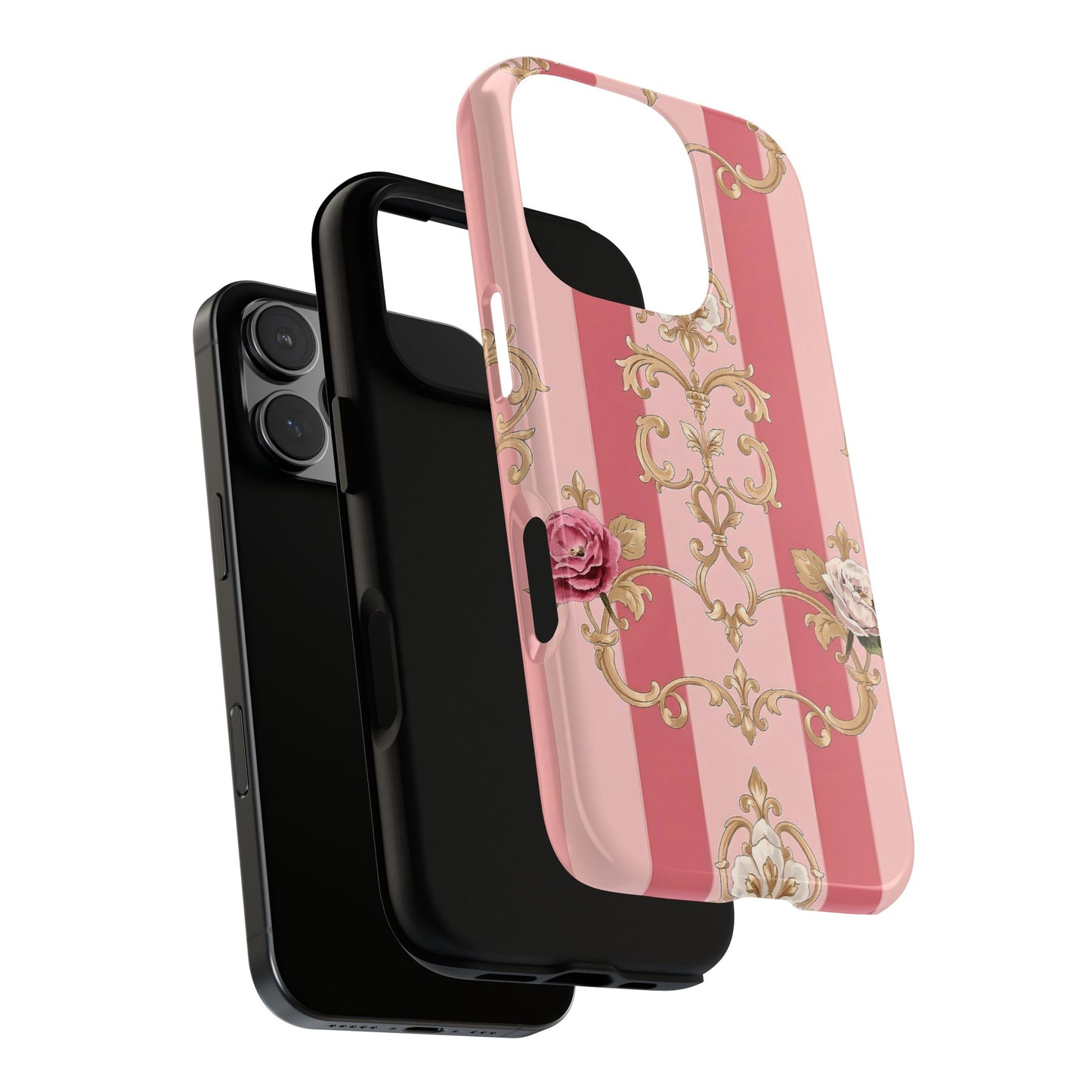 Elegant Floral Motif Phone Case - Tough Cases with Vintage Design - Pink Striped Roses & Damask