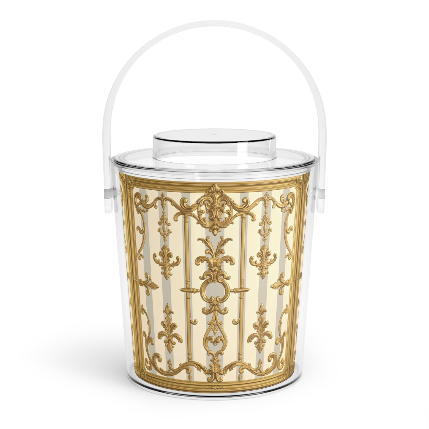 Elegant Gold-Patterned Ice Bucket with Tongs, Sophisticated Drink Chiller, Party Essential, Home Bar Decor - Matte Gray & Cream Striped Gold Baroque
