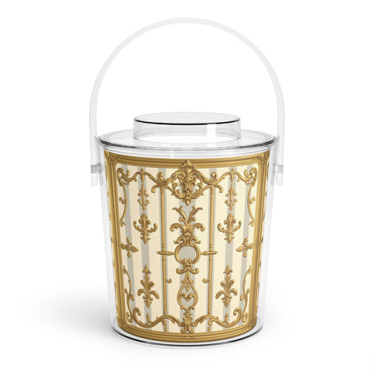 Elegant Gold-Patterned Ice Bucket with Tongs, Sophisticated Drink Chiller, Party Essential, Home Bar Decor - Matte Gray & Cream Striped Gold Baroque