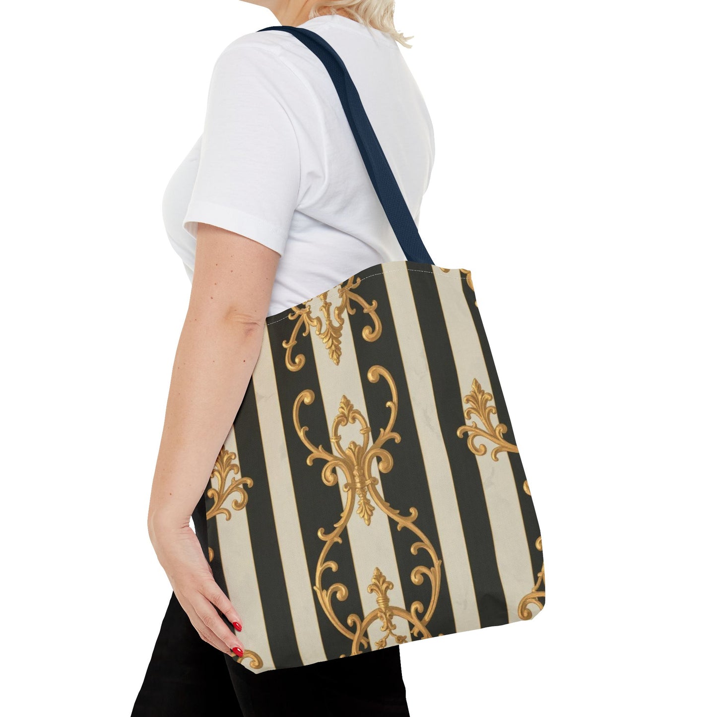 Elegant Black & Alabaster Striped Baroque Tote Bag, Stylish Shopping Bag, Fashion Accessory, Gift for Her, Reusable Bag, Perfect for Events