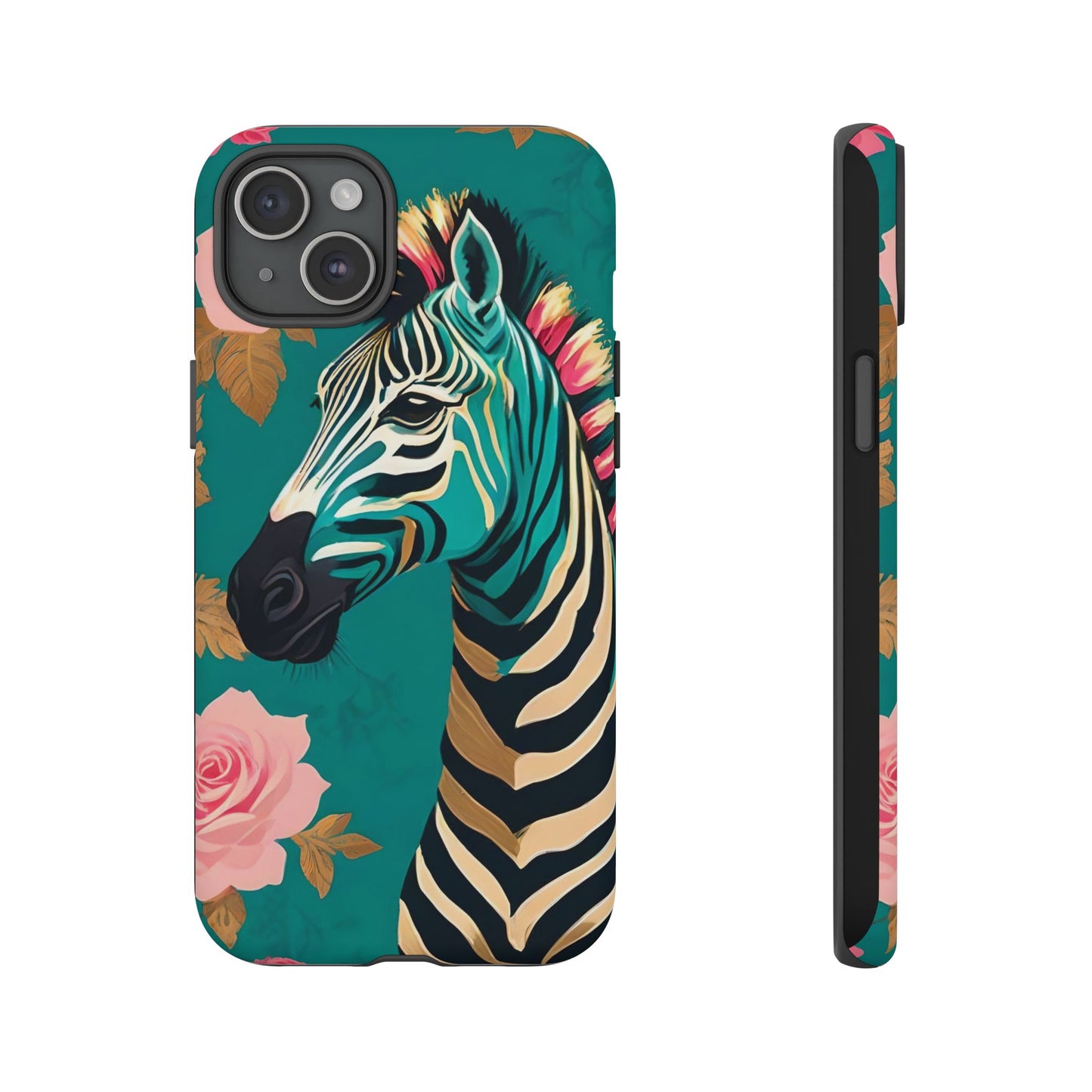 Phone Case - Elegant Teal & Gold Zebra & Roses Design
