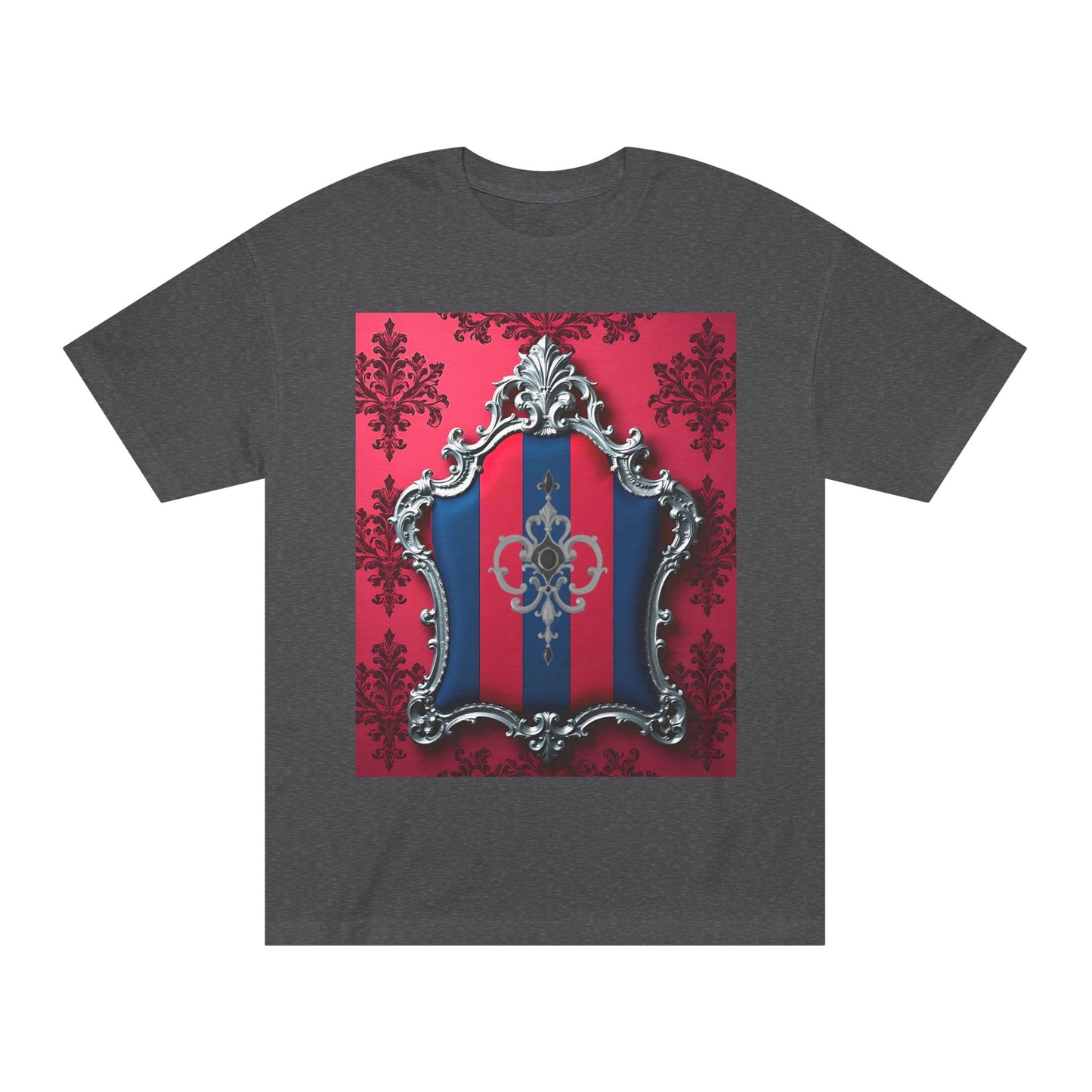 Vintage Couture Shield Unisex Classic Tee, Fashion T-Shirt, Gift for Fashion Lovers, Casual Wear, Unique Graphic Shirt - Blue & Red Striped Silver Crest