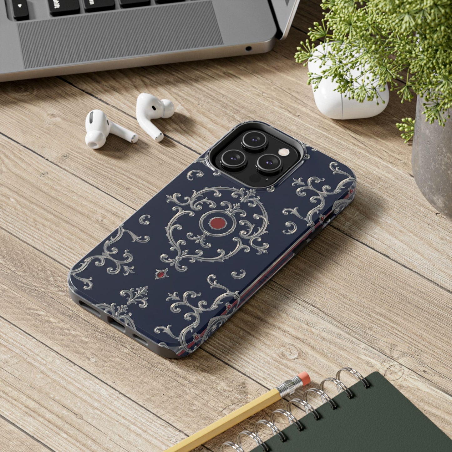 Elegant Patterned Tough Phone Cases for Stylish Protection, Gift for Her, Unique Accessories - Blue & Red Striped Silver Baroque