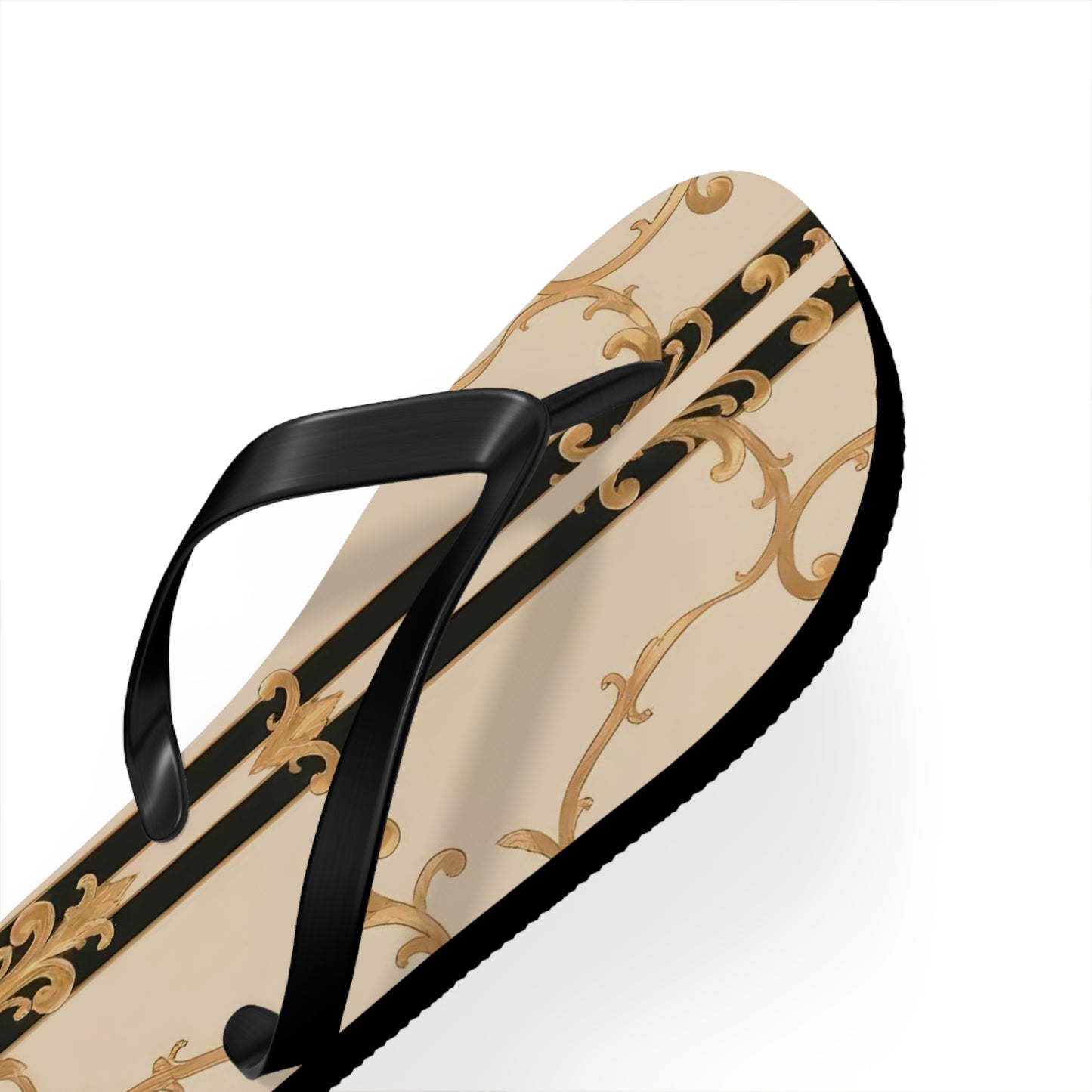 Chic Floral Flip Flops | Stylish Summer Sandals for Beach, Pool, Vacation, Travel, Fun In The Sun - Black & Beige Striped Damask